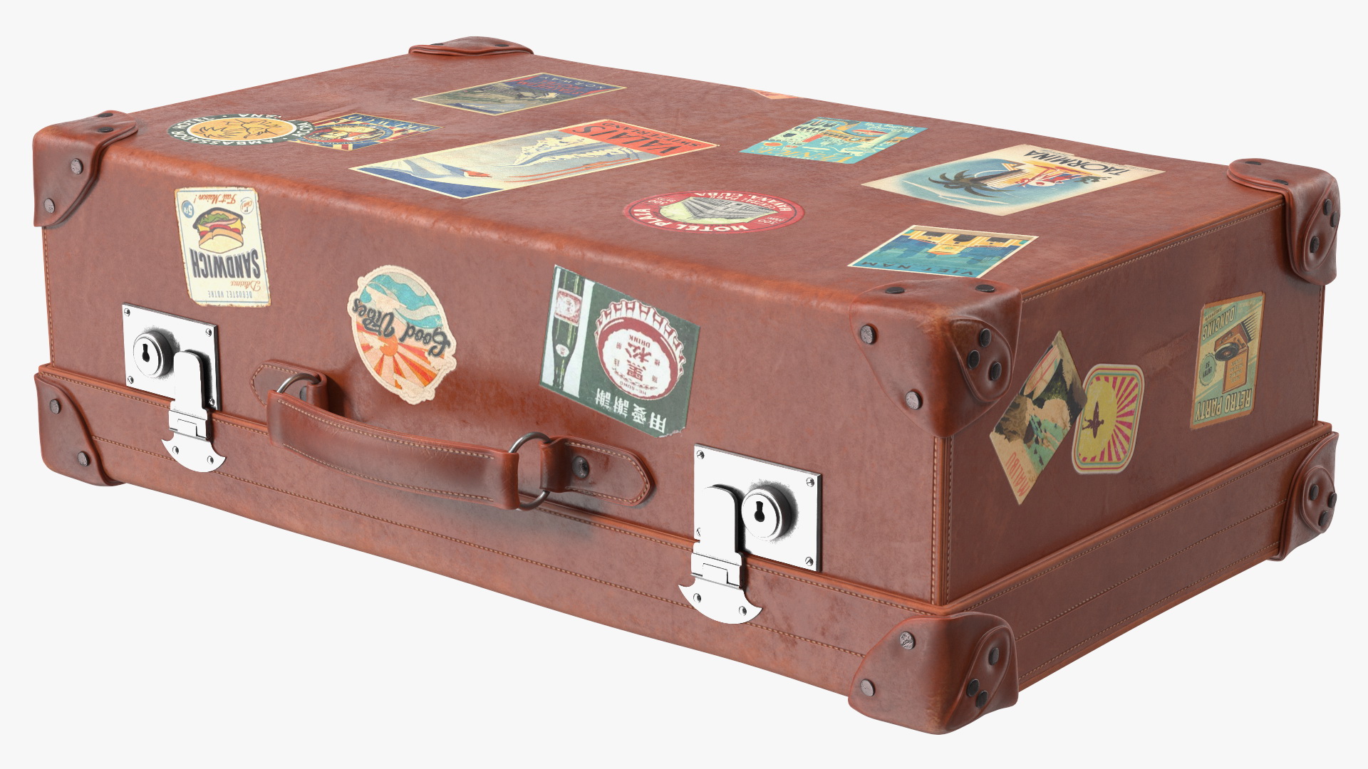 3D Vintage Leather Suitcase Medium Brown with Travel Stickers model