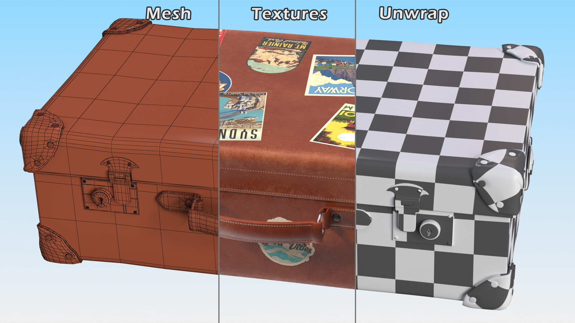 3D Vintage Leather Suitcase Medium Brown with Travel Stickers model