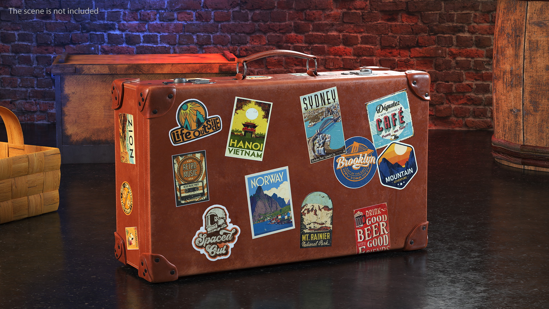3D Vintage Leather Suitcase Medium Brown with Travel Stickers model