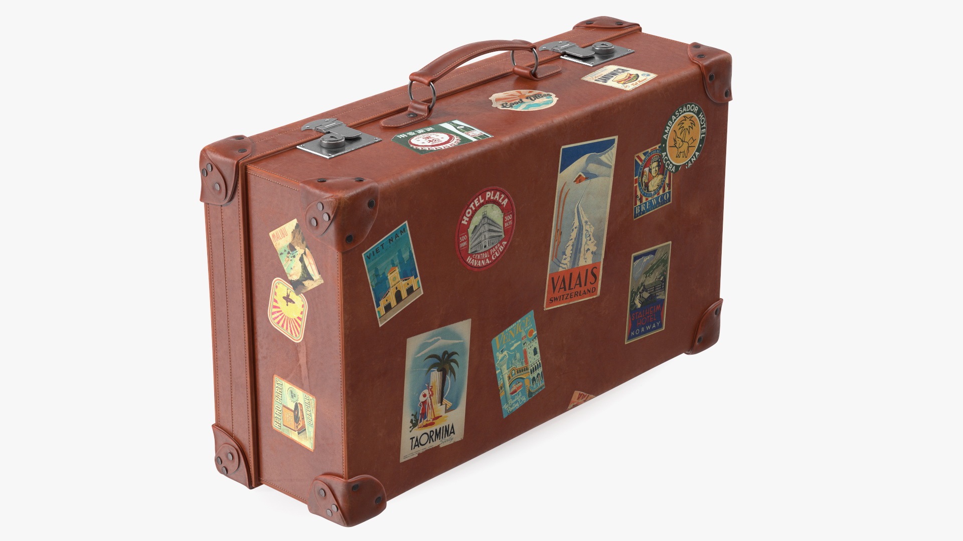 3D Vintage Leather Suitcase Medium Brown with Travel Stickers model