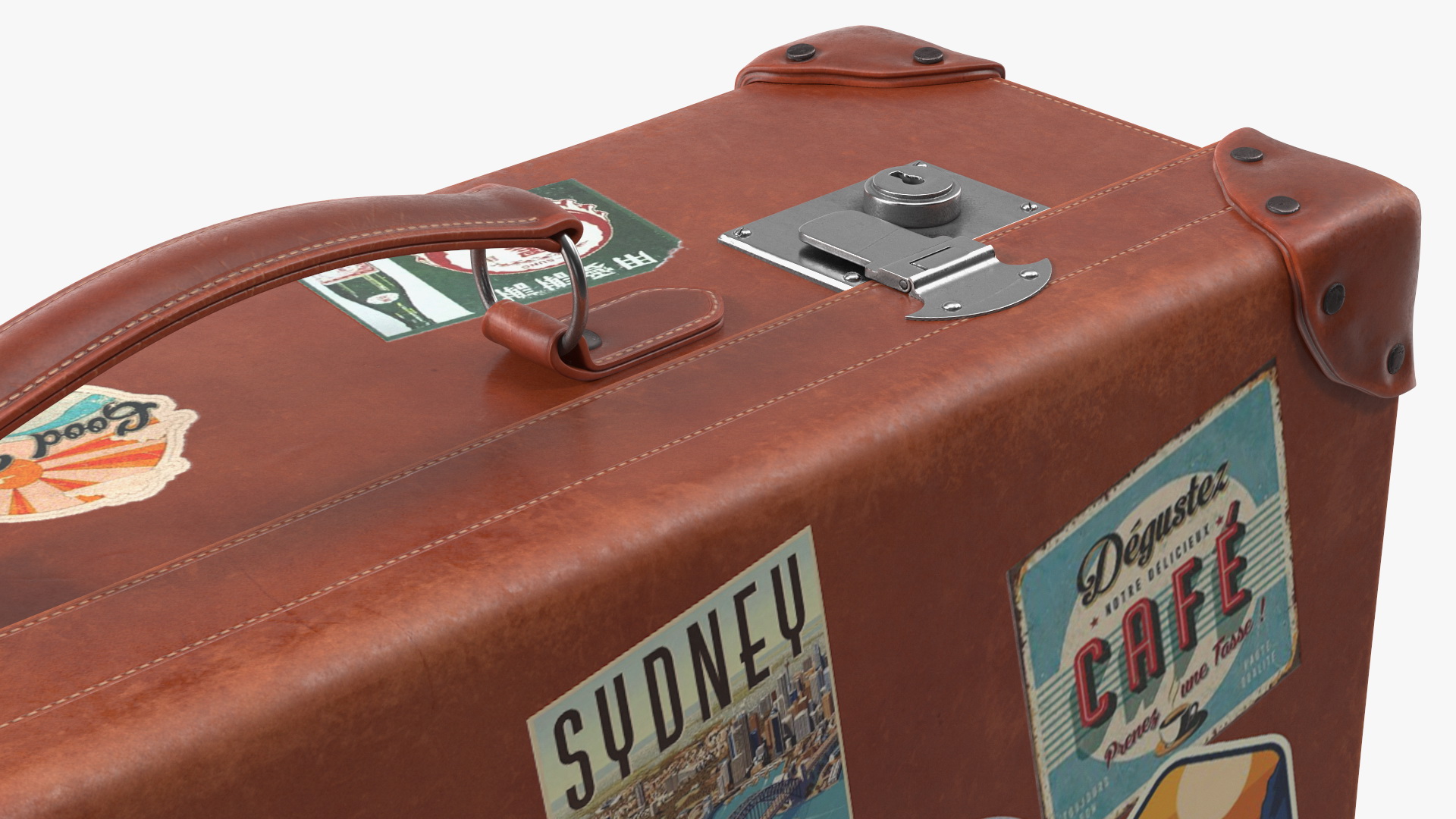 3D Vintage Leather Suitcase Medium Brown with Travel Stickers model