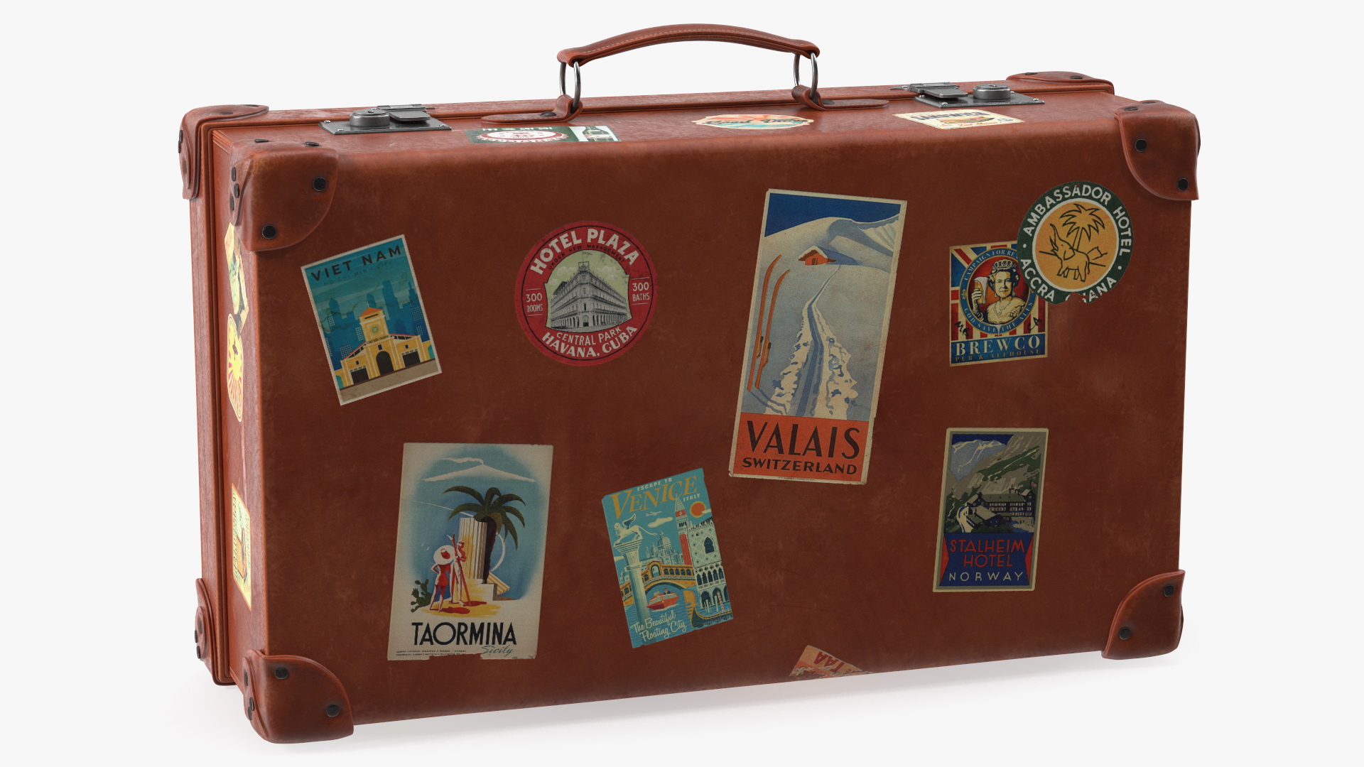 3D Vintage Leather Suitcase Medium Brown with Travel Stickers model