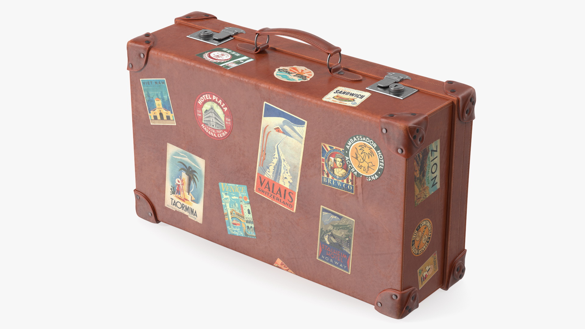 3D Vintage Leather Suitcase Medium Brown with Travel Stickers model