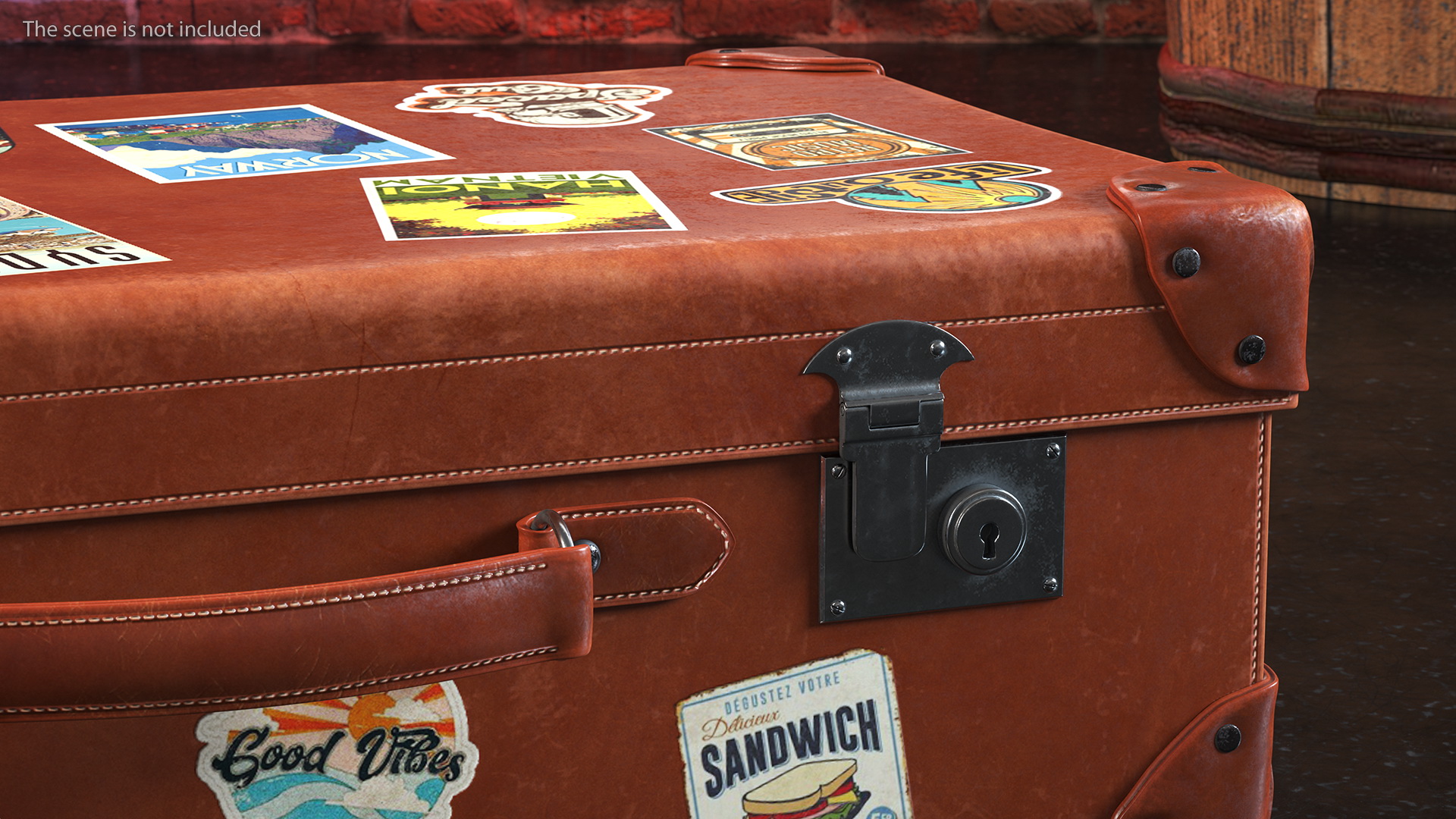 3D Vintage Leather Suitcase Medium Brown with Travel Stickers model