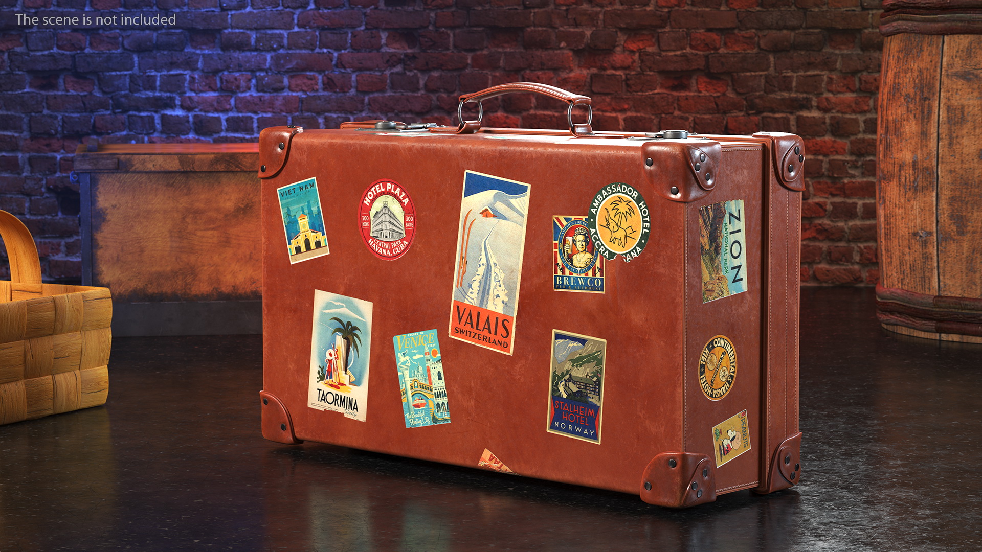 3D Vintage Leather Suitcase Medium Brown with Travel Stickers model