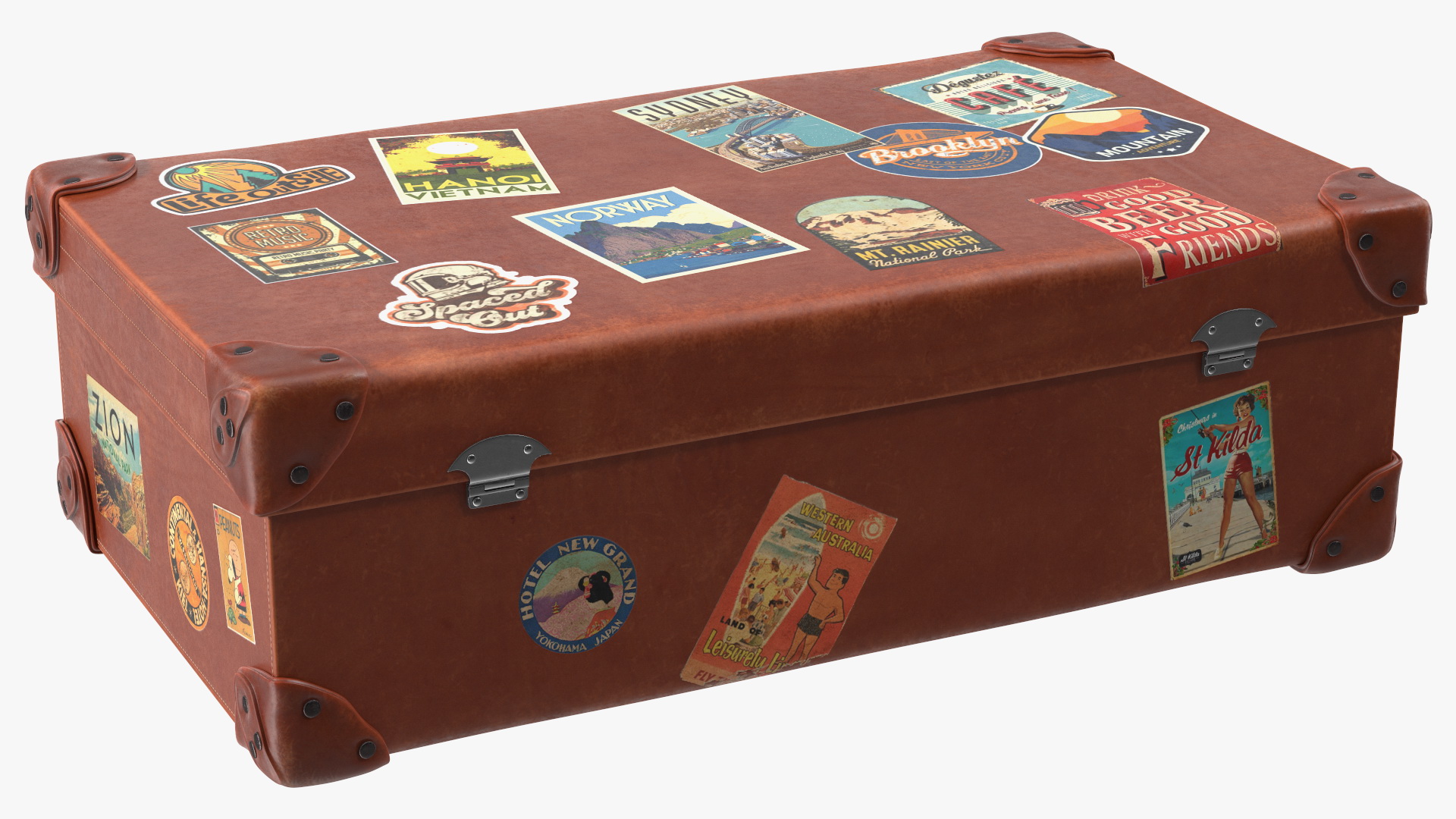 3D Vintage Leather Suitcase Medium Brown with Travel Stickers model