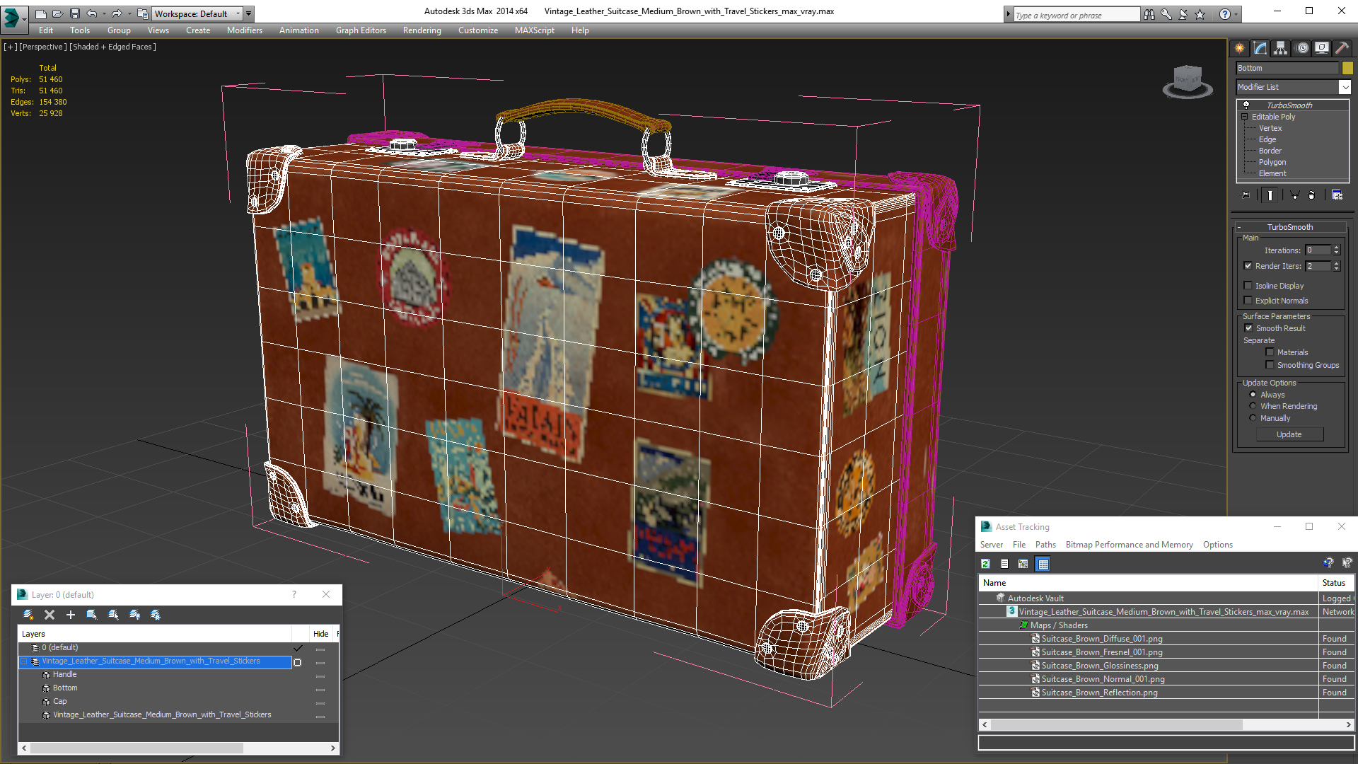 3D Vintage Leather Suitcase Medium Brown with Travel Stickers model