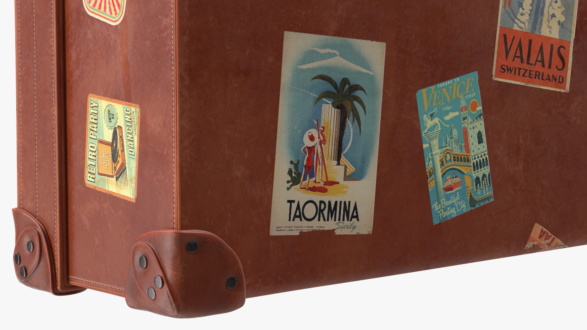 3D Vintage Leather Suitcase Medium Brown with Travel Stickers model