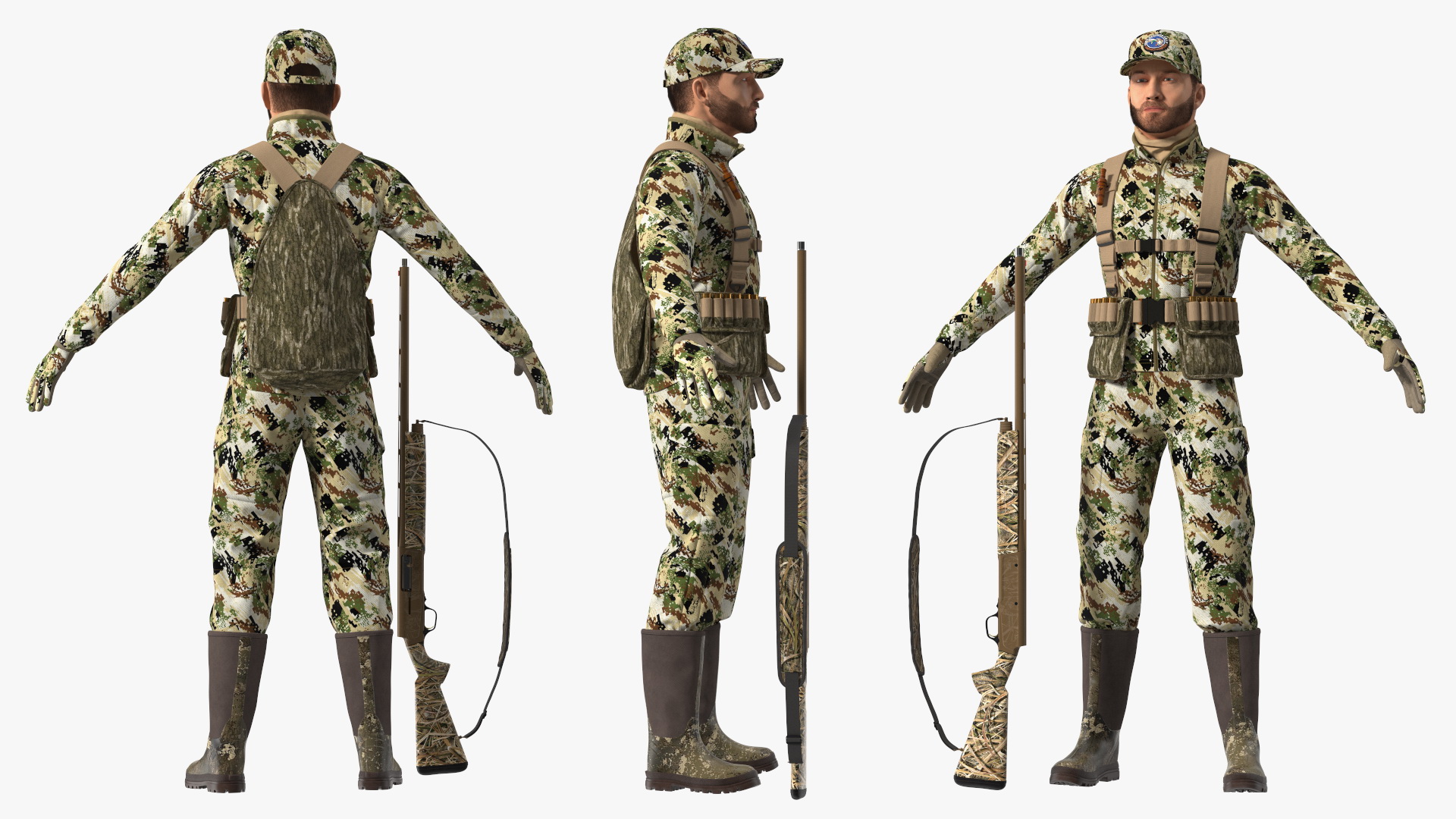 3D Duck Hunter With Gun A-pose in Forest Camo Fur
