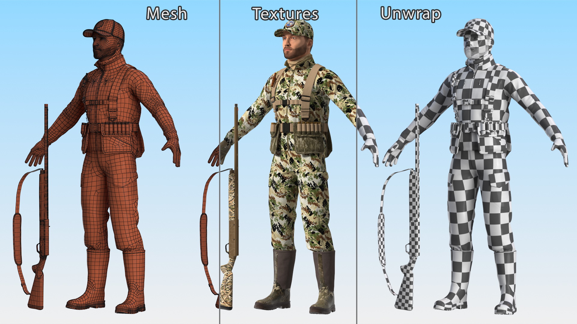 3D Duck Hunter With Gun A-pose in Forest Camo Fur