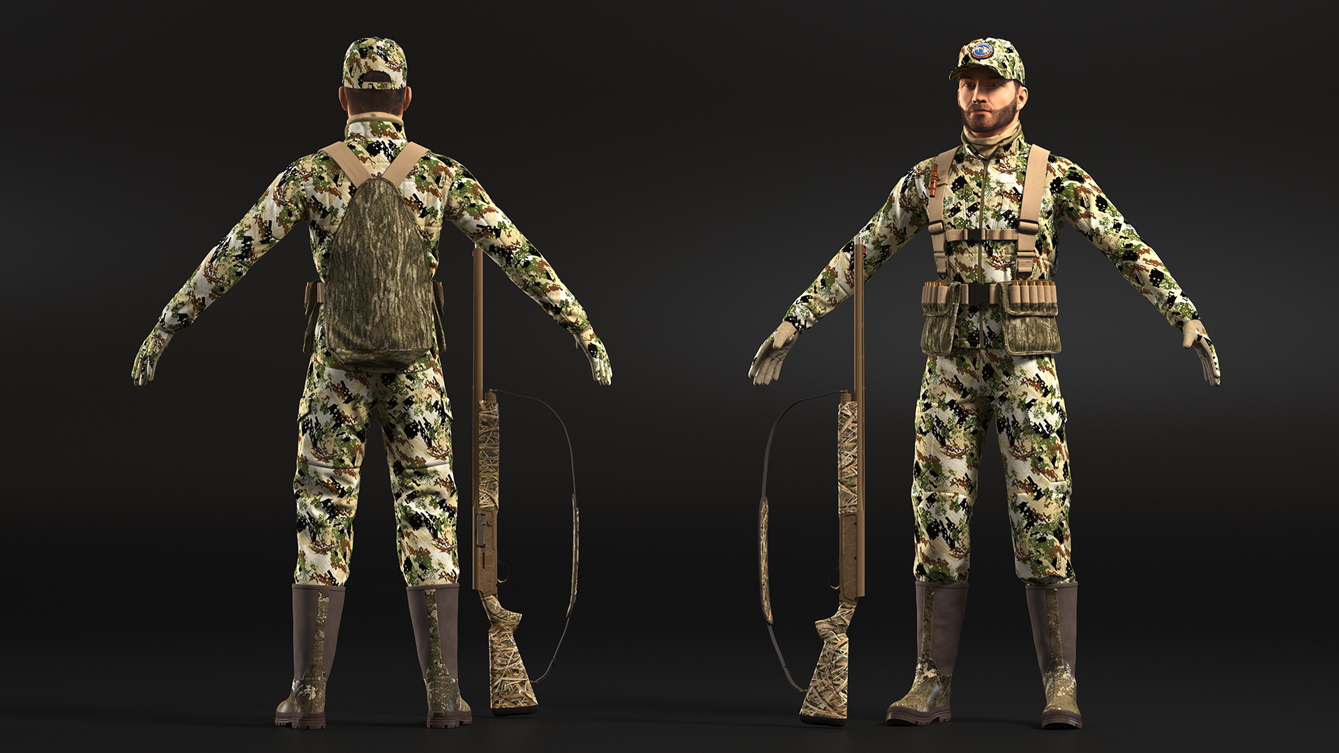 3D Duck Hunter With Gun A-pose in Forest Camo Fur