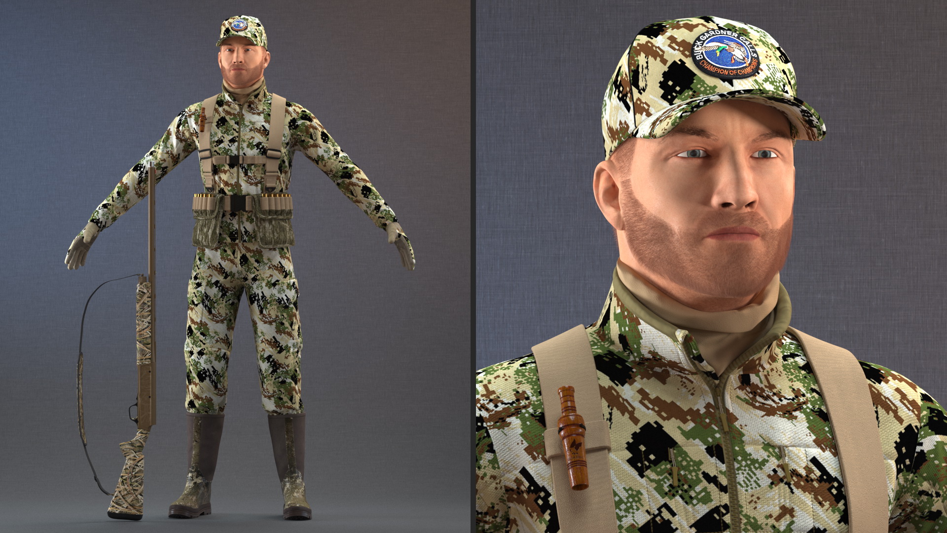 3D Duck Hunter With Gun A-pose in Forest Camo Fur