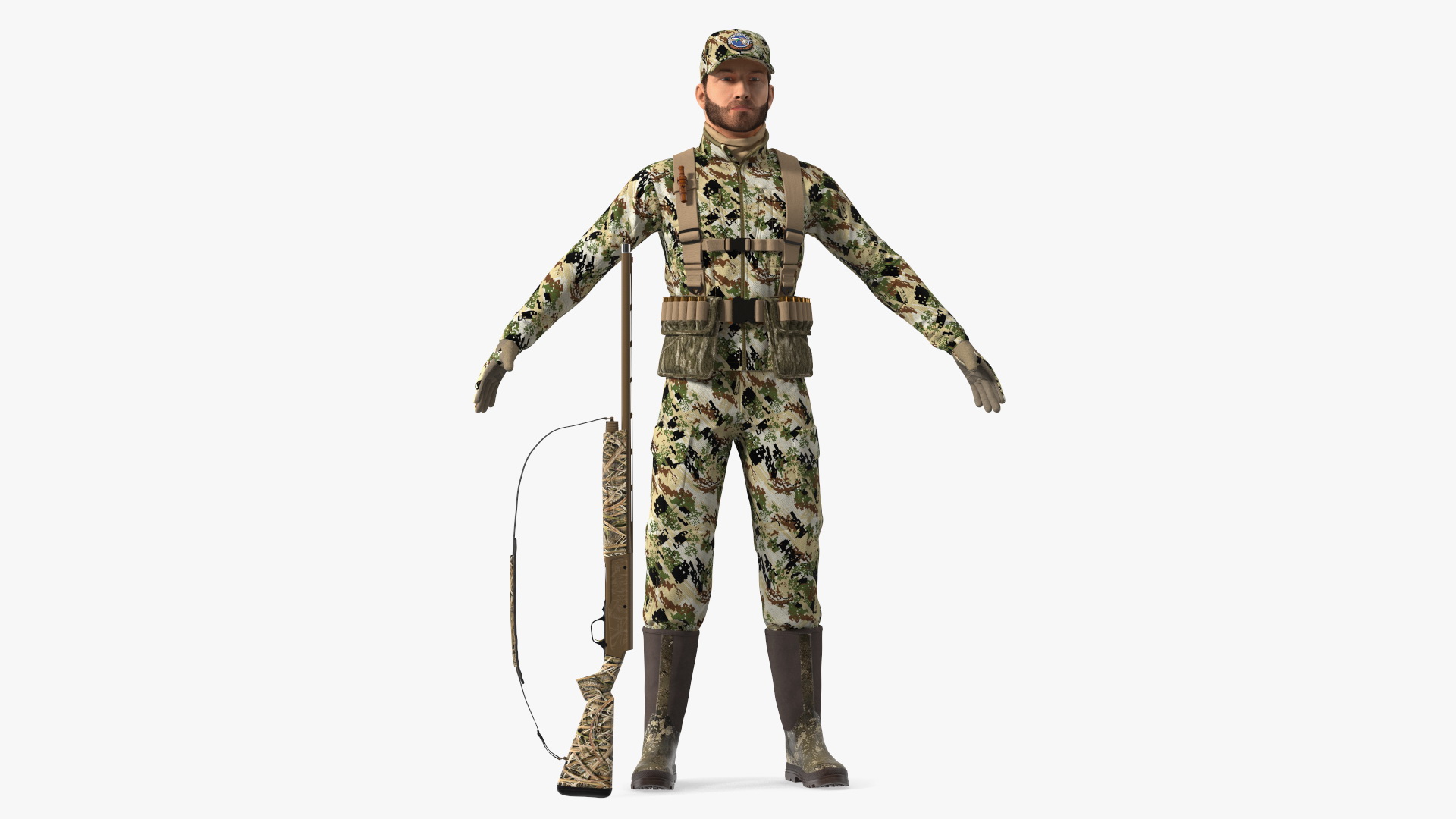 3D Duck Hunter With Gun A-pose in Forest Camo Fur