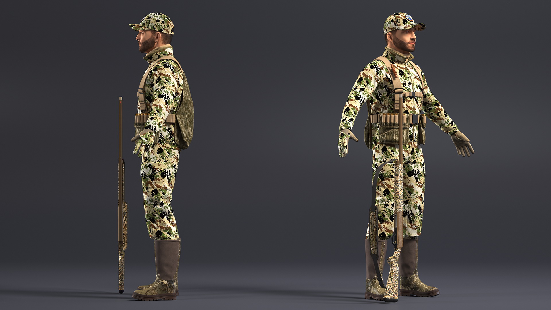 3D Duck Hunter With Gun A-pose in Forest Camo Fur