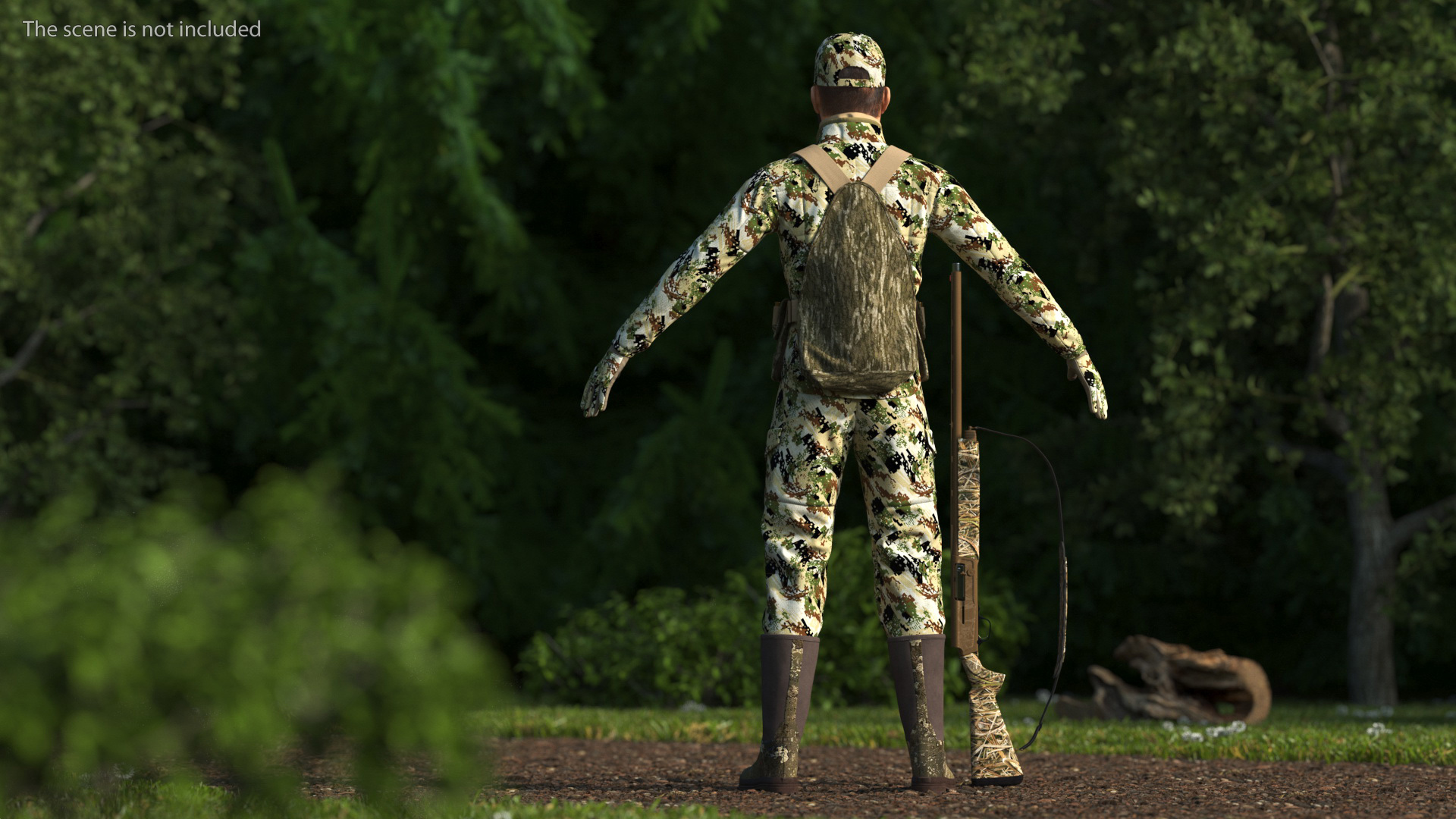 3D Duck Hunter With Gun A-pose in Forest Camo Fur