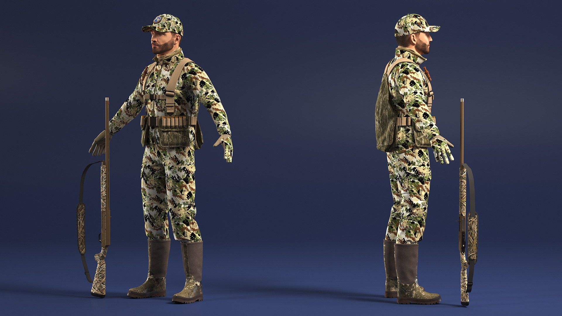 3D Duck Hunter With Gun A-pose in Forest Camo Fur
