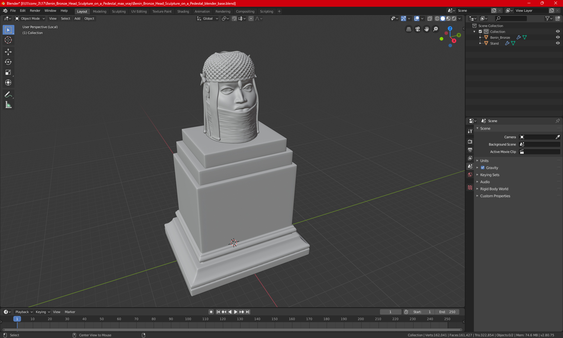 3D Benin Bronze Head Sculpture on a Pedestal