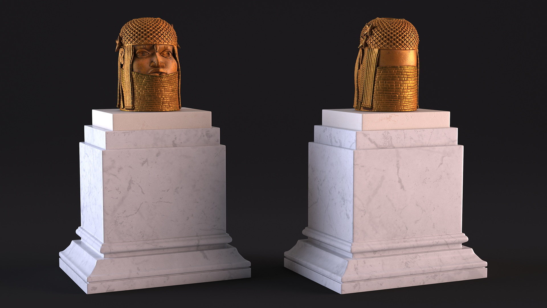 3D Benin Bronze Head Sculpture on a Pedestal