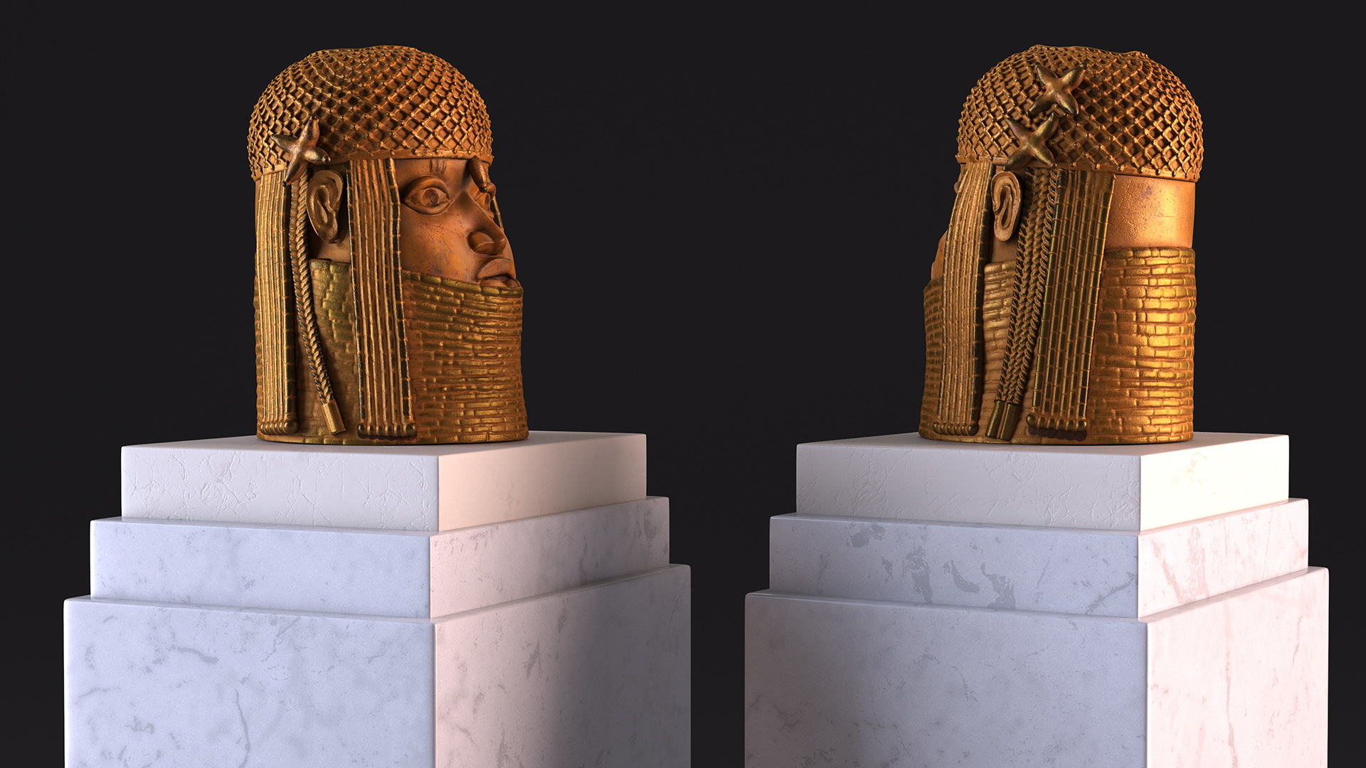 3D Benin Bronze Head Sculpture on a Pedestal