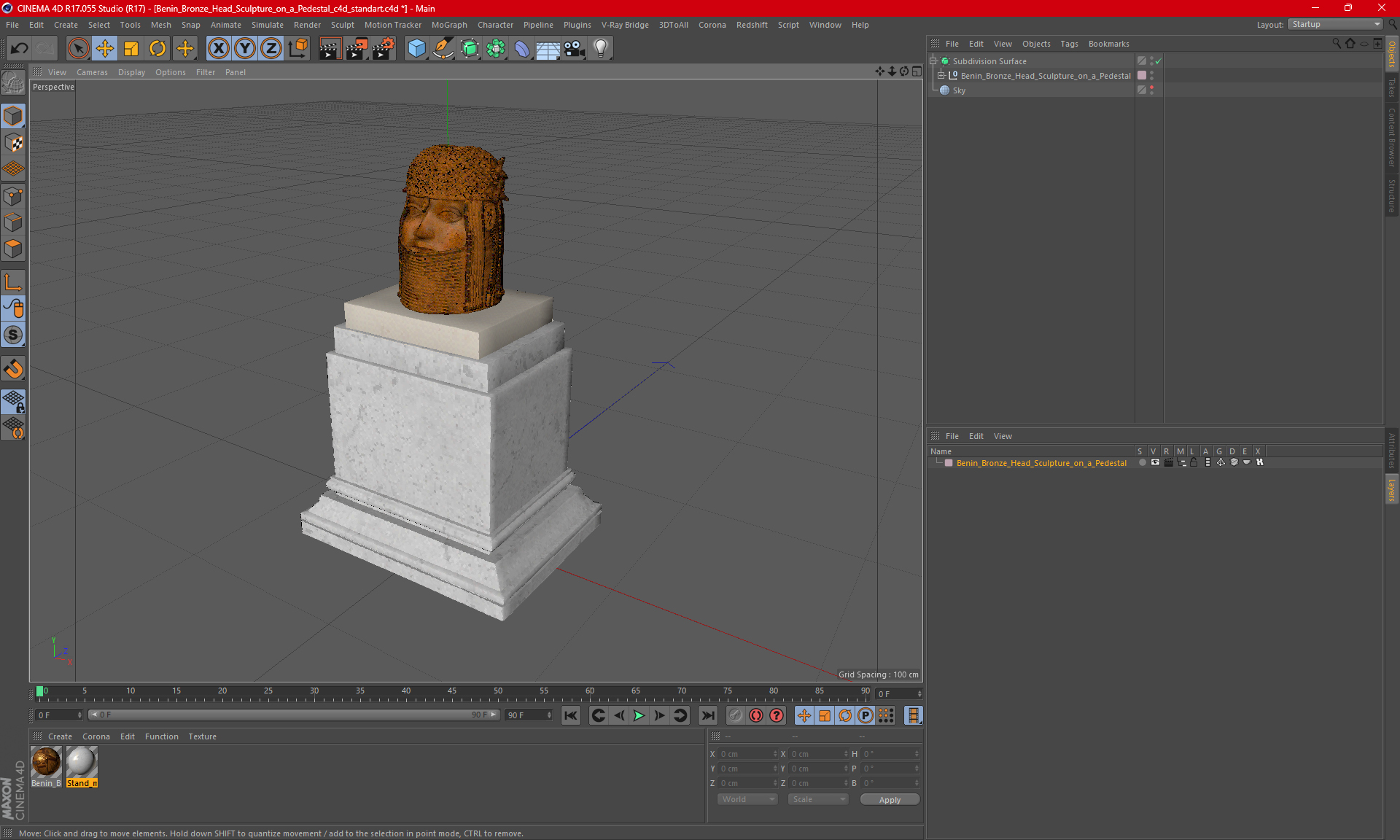 3D Benin Bronze Head Sculpture on a Pedestal