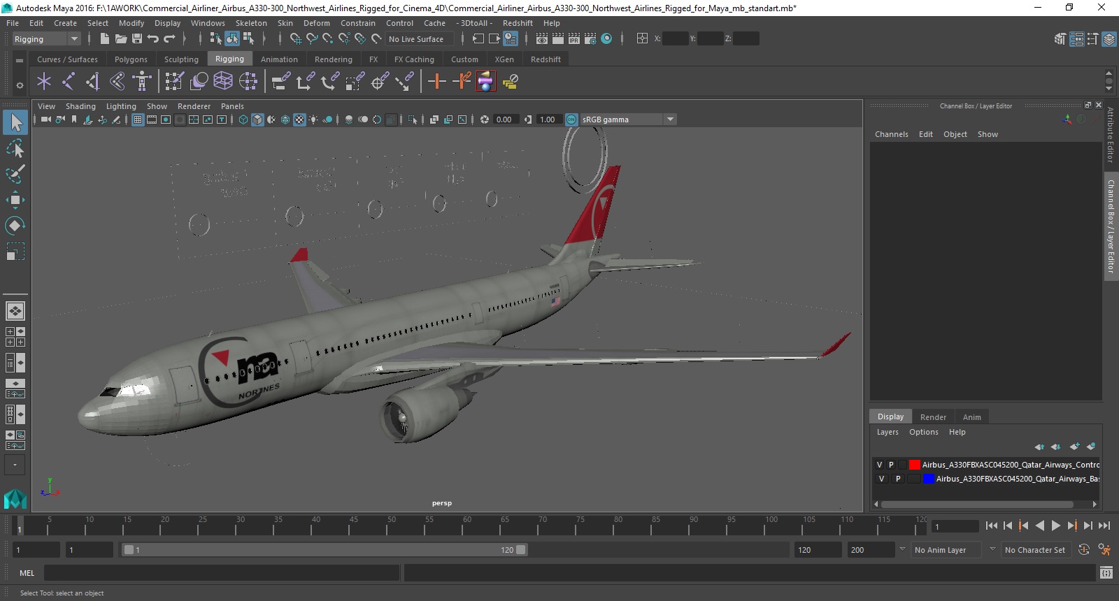 3D model Commercial Airliner Airbus A330-300 Northwest Airlines Rigged for Maya