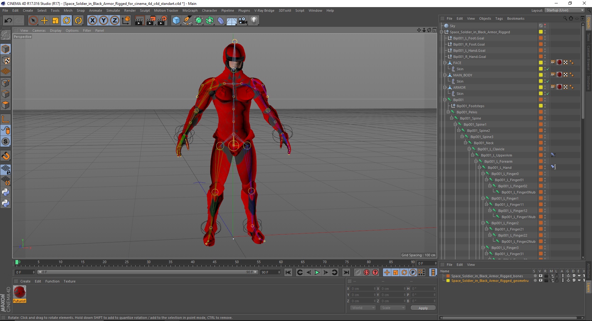 3D Futuristic Cyborg in Red Armor Rigged for Cinema 4D