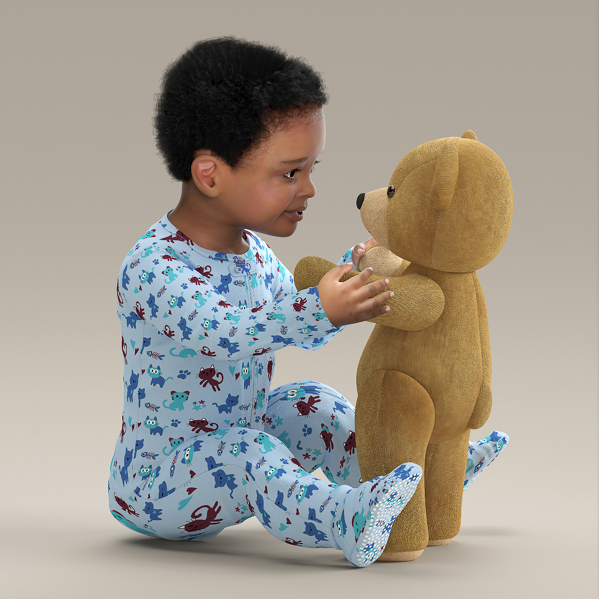 Little Black Boy with Teddy Bear Rigged 3D model