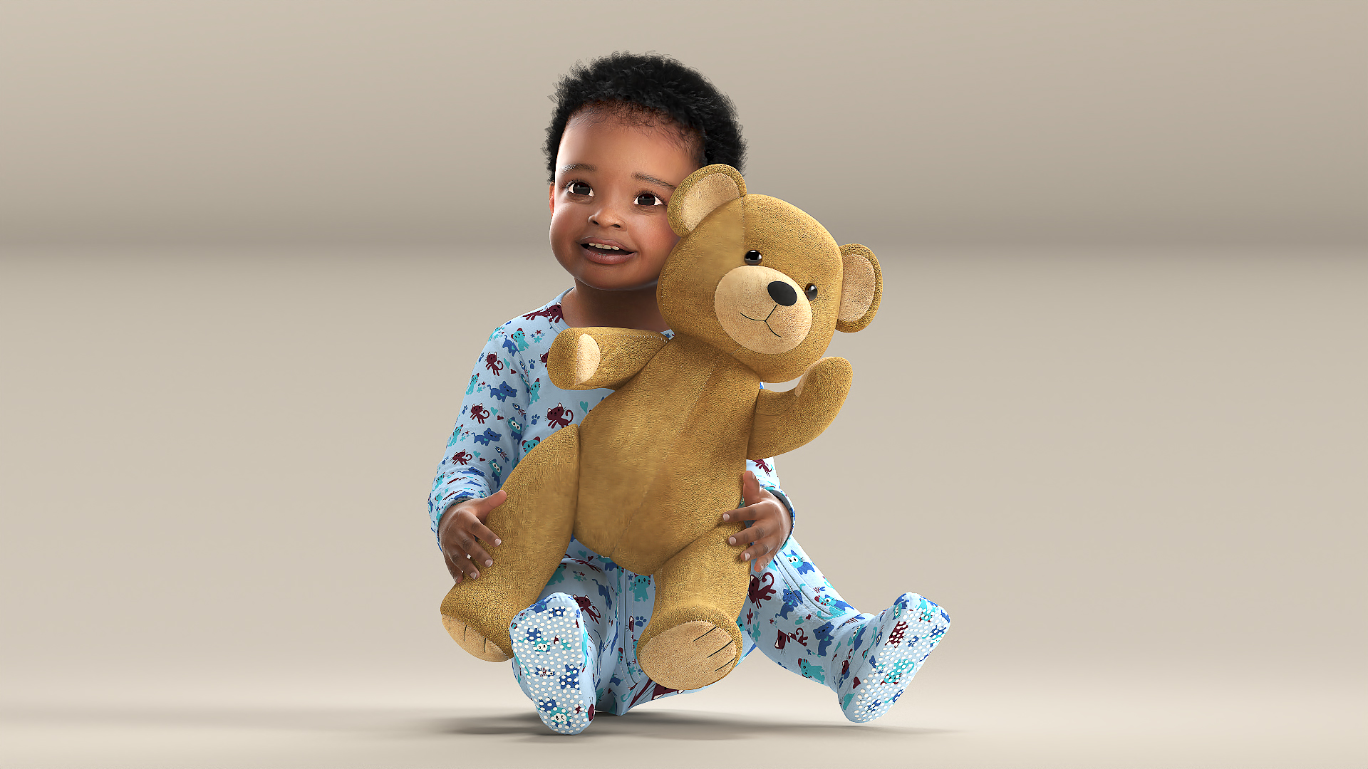 Little Black Boy with Teddy Bear Rigged 3D model