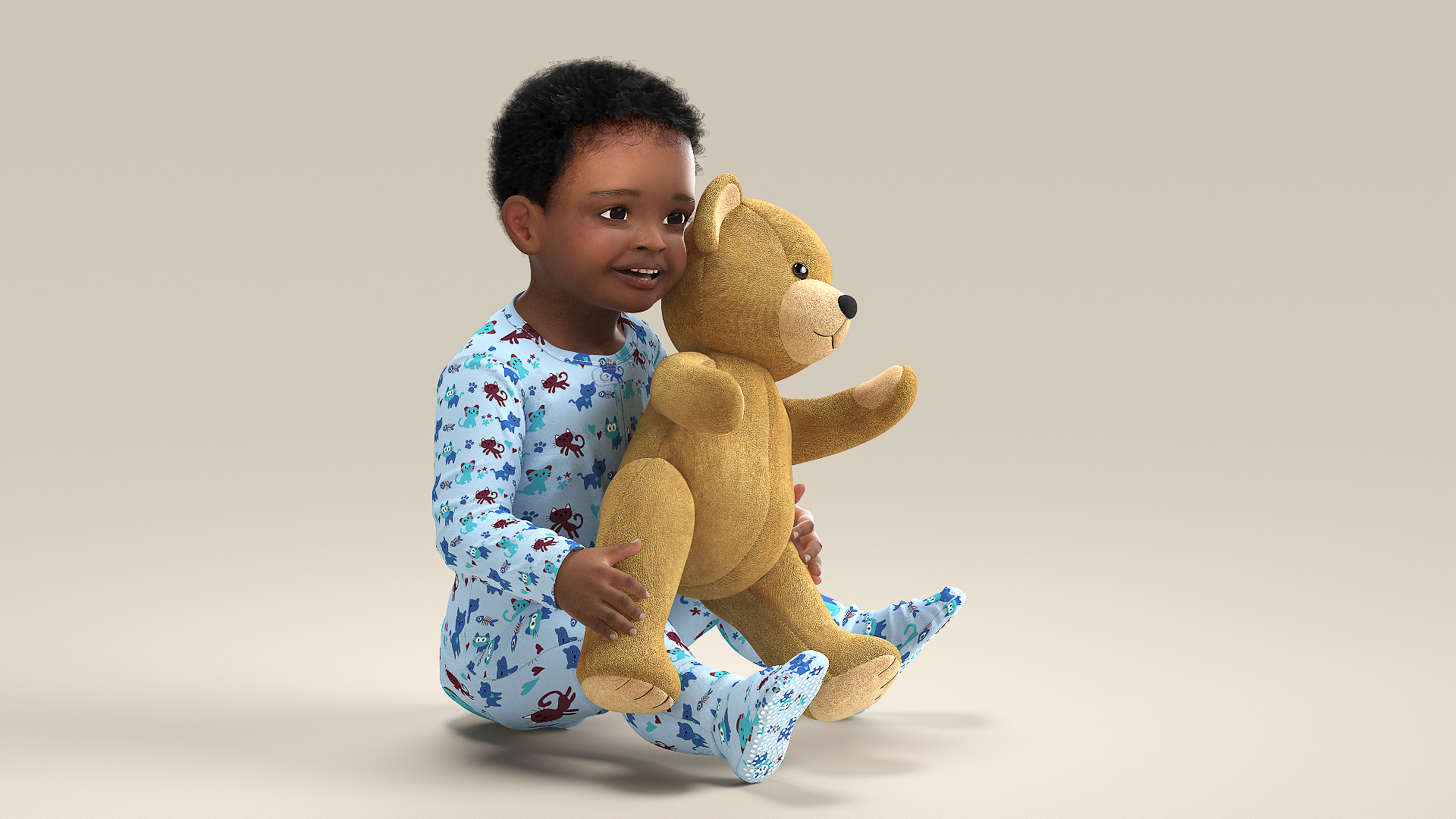Little Black Boy with Teddy Bear Rigged 3D model