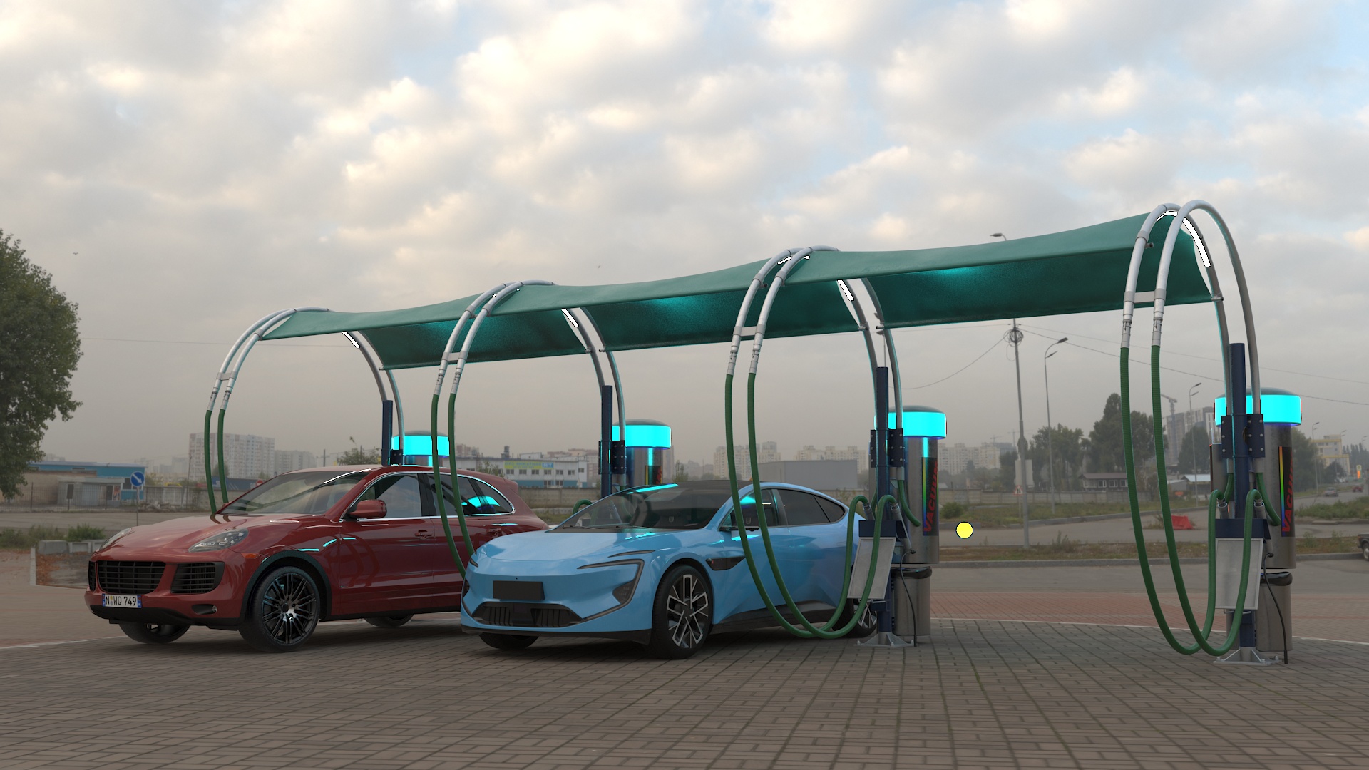 Luxury Vehicles on Car Wash with Vacuum Cleaner 3D