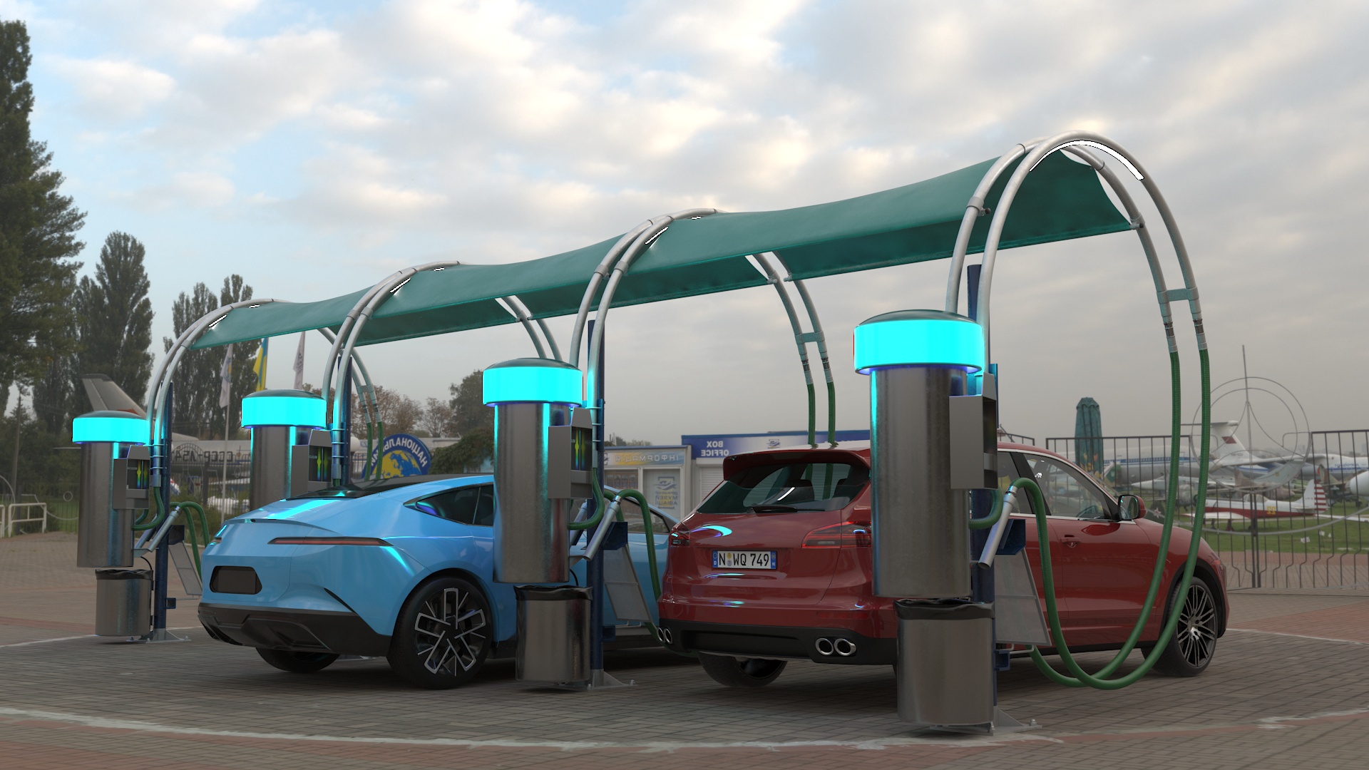 Luxury Vehicles on Car Wash with Vacuum Cleaner 3D