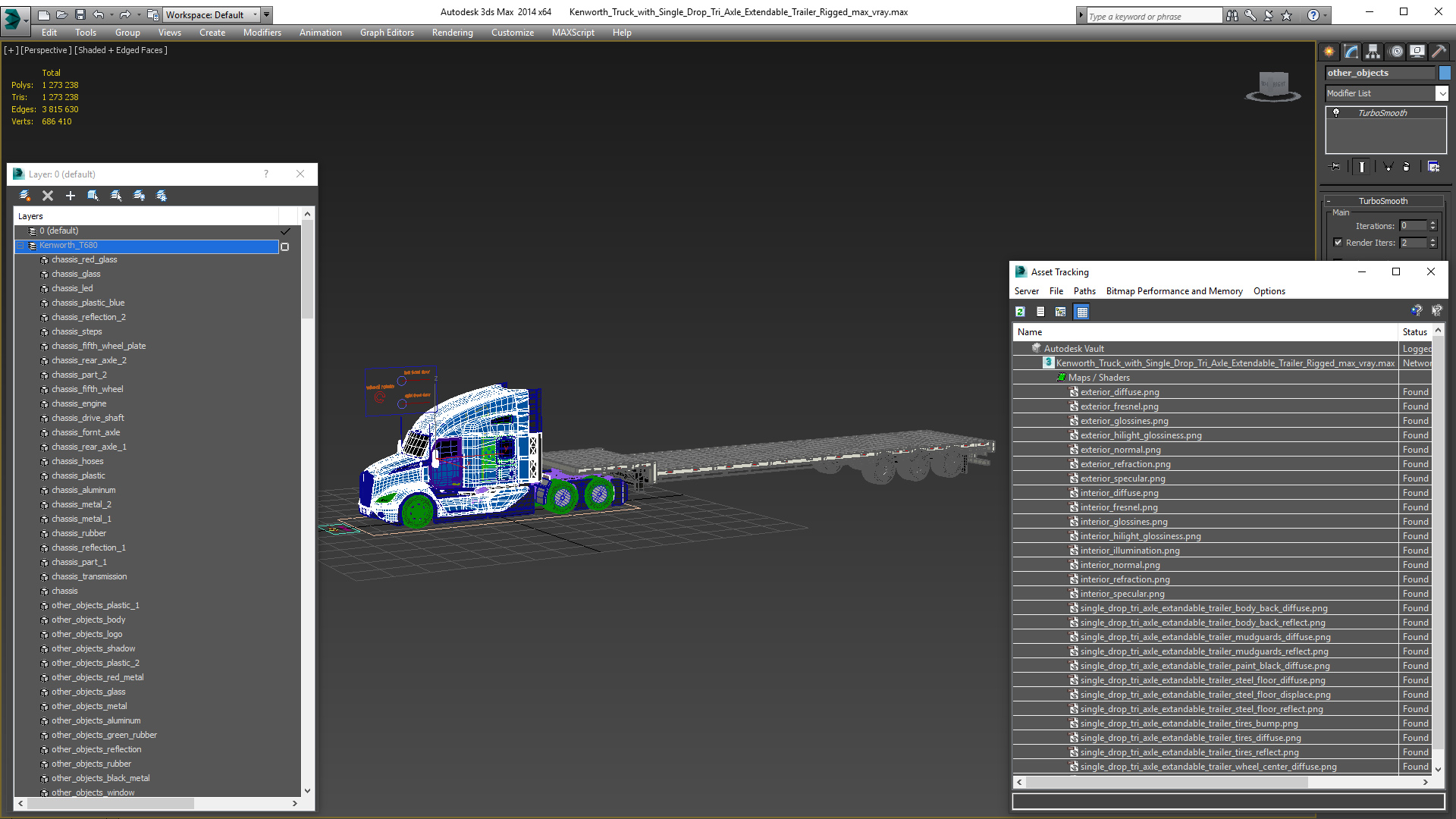 3D Kenworth Truck with Single Drop Tri Axle Extendable Trailer Rigged