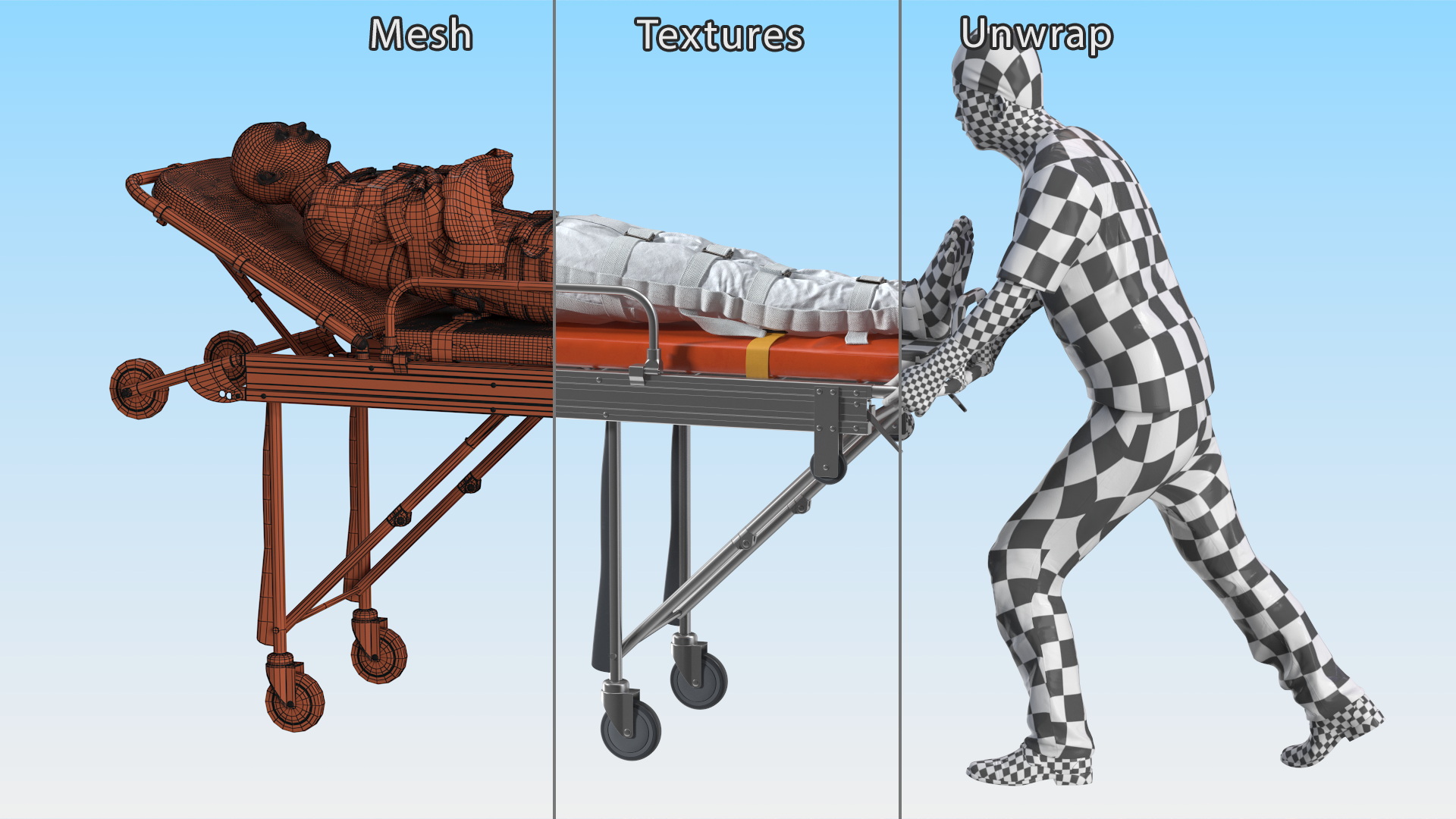 3D Paramedic Pushing Stretcher with Straitjacket Patient model