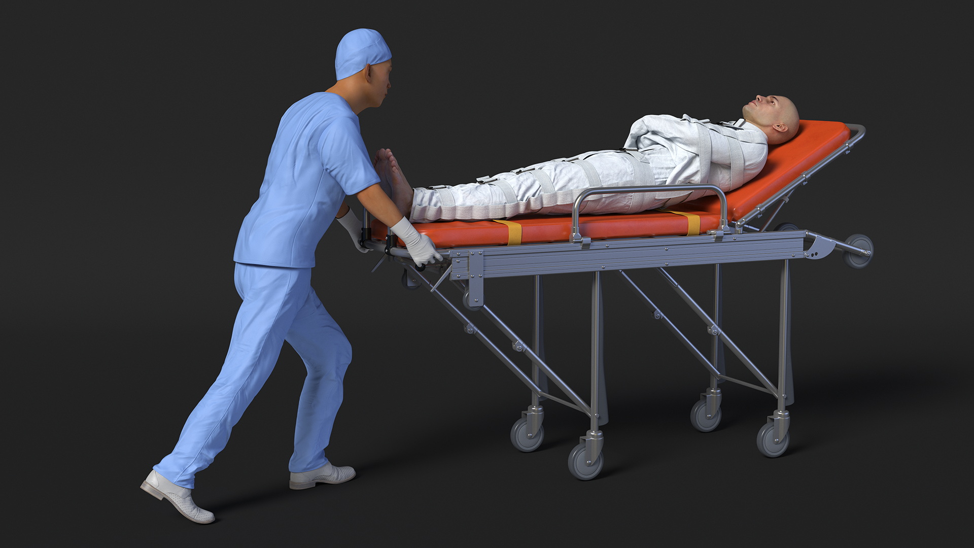 3D Paramedic Pushing Stretcher with Straitjacket Patient model