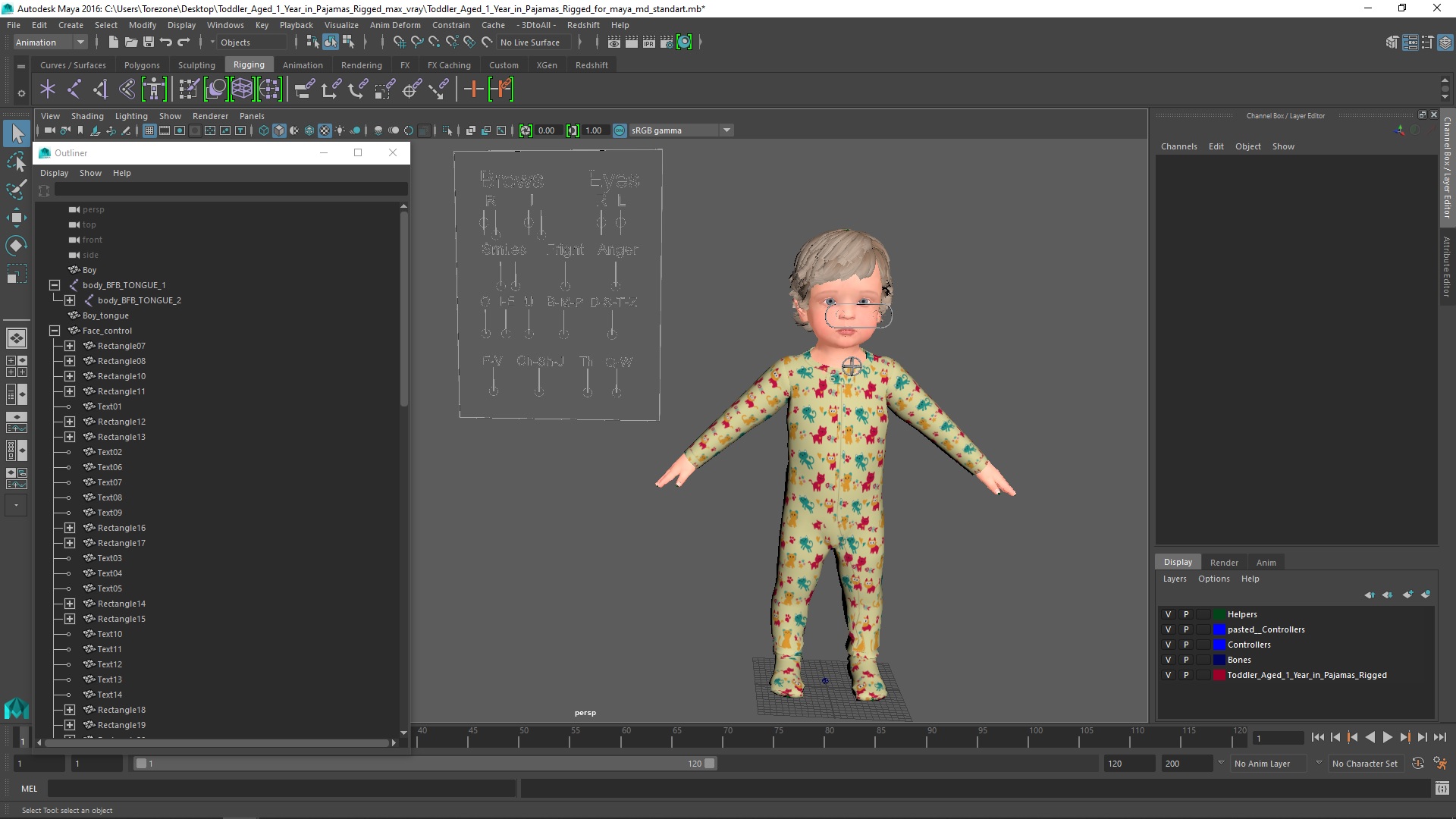 3D Toddler Aged 1 Year in Pajamas Rigged for Maya