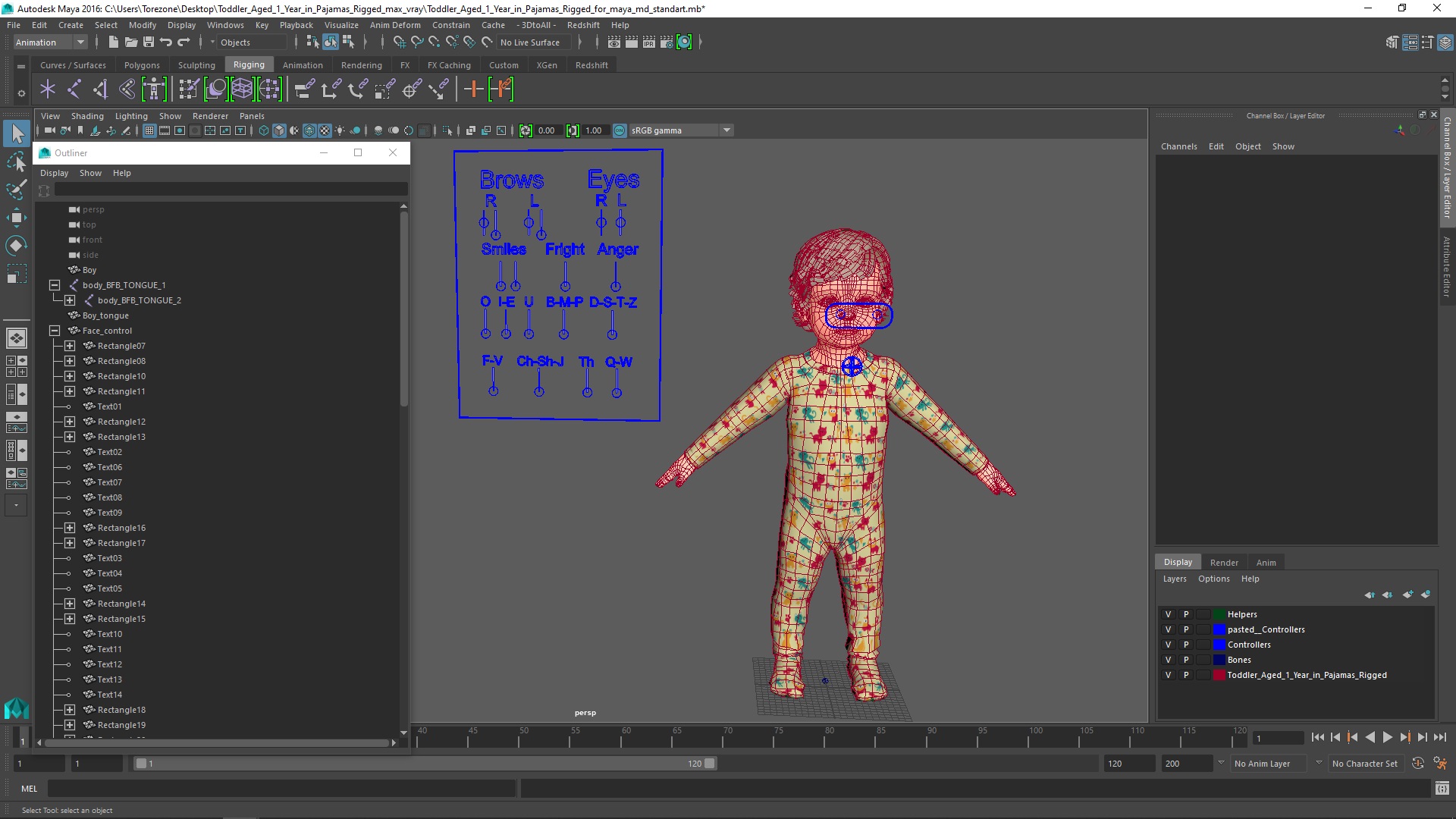 3D Toddler Aged 1 Year in Pajamas Rigged for Maya