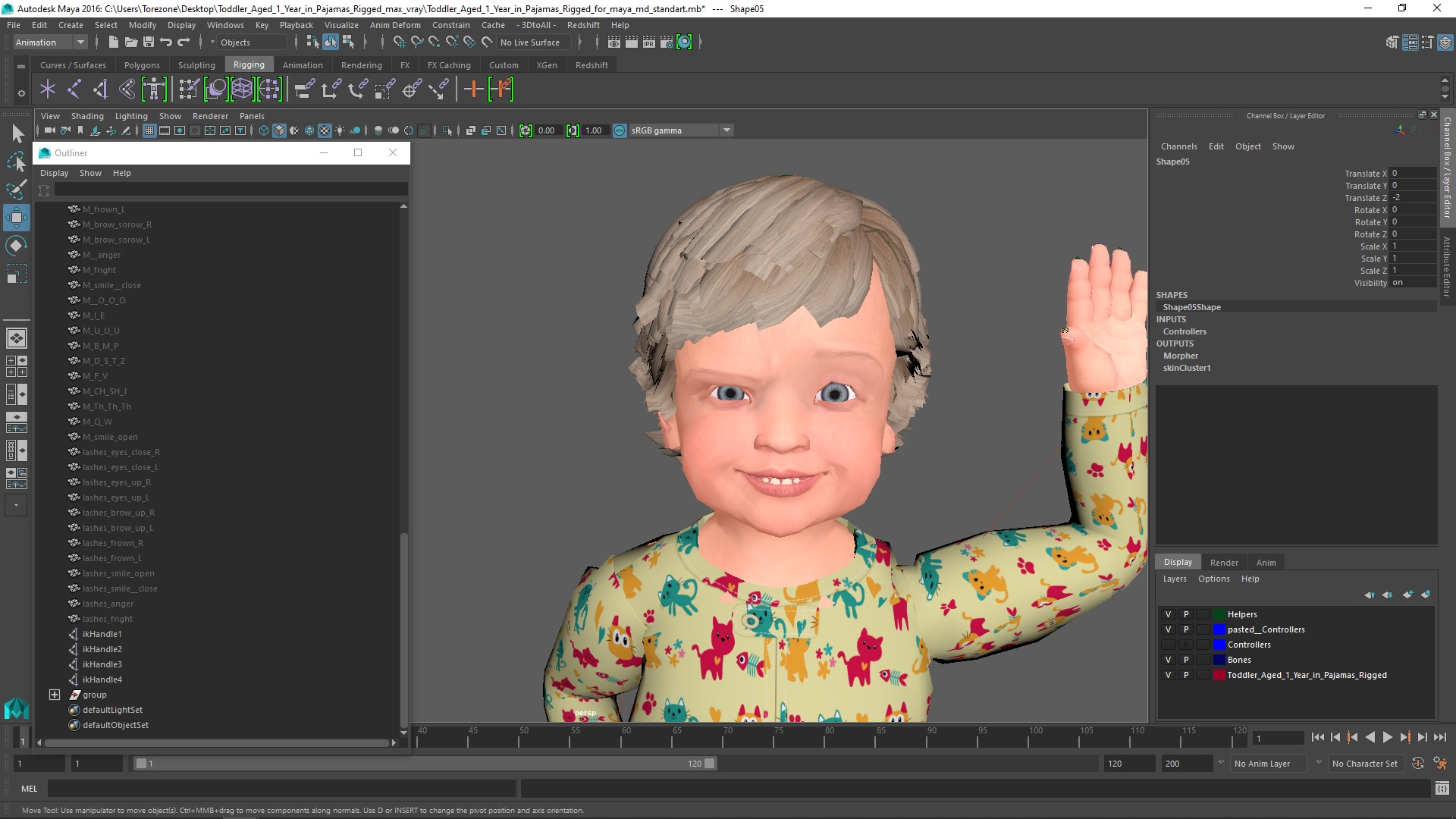 3D Toddler Aged 1 Year in Pajamas Rigged for Maya
