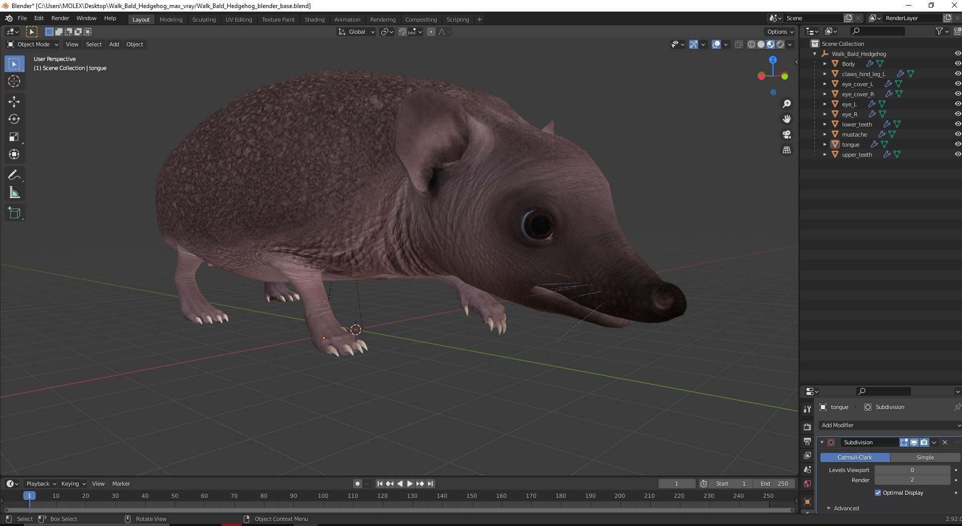 3D Walk Bald Hedgehog model