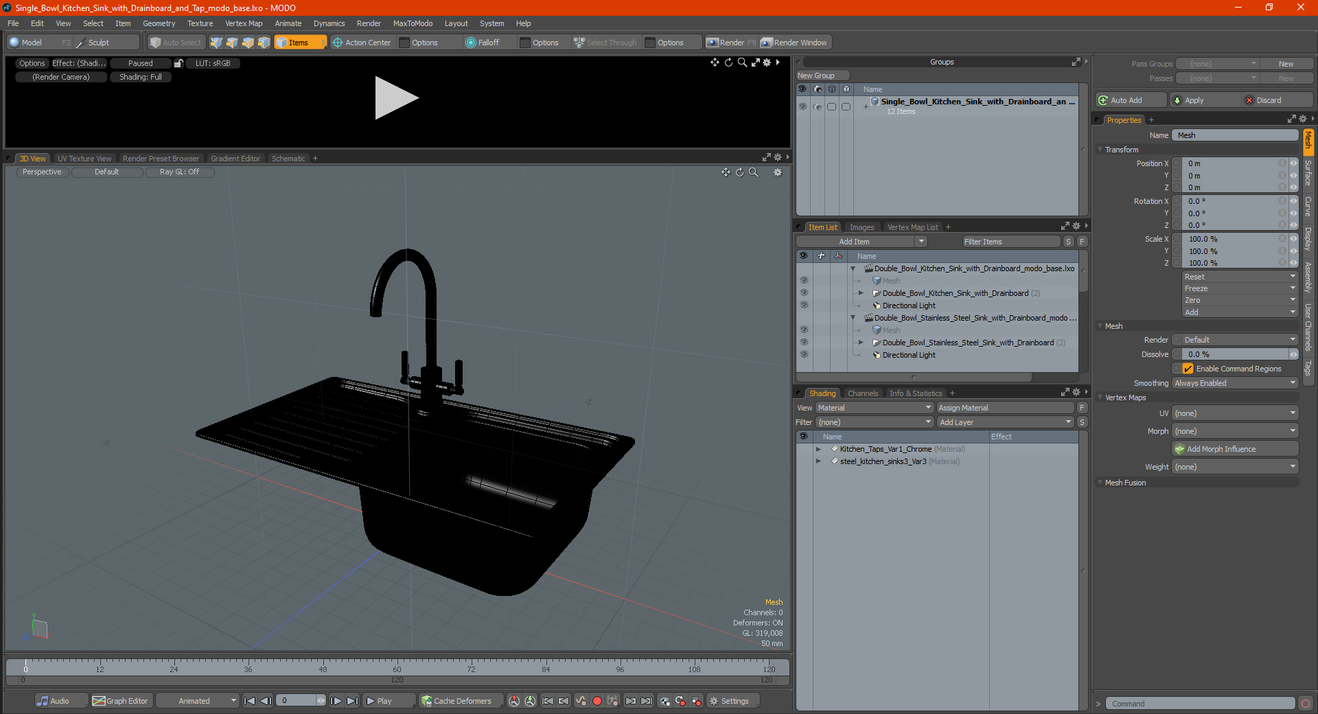 3D Single Bowl Kitchen Sink with Drainboard and Tap model