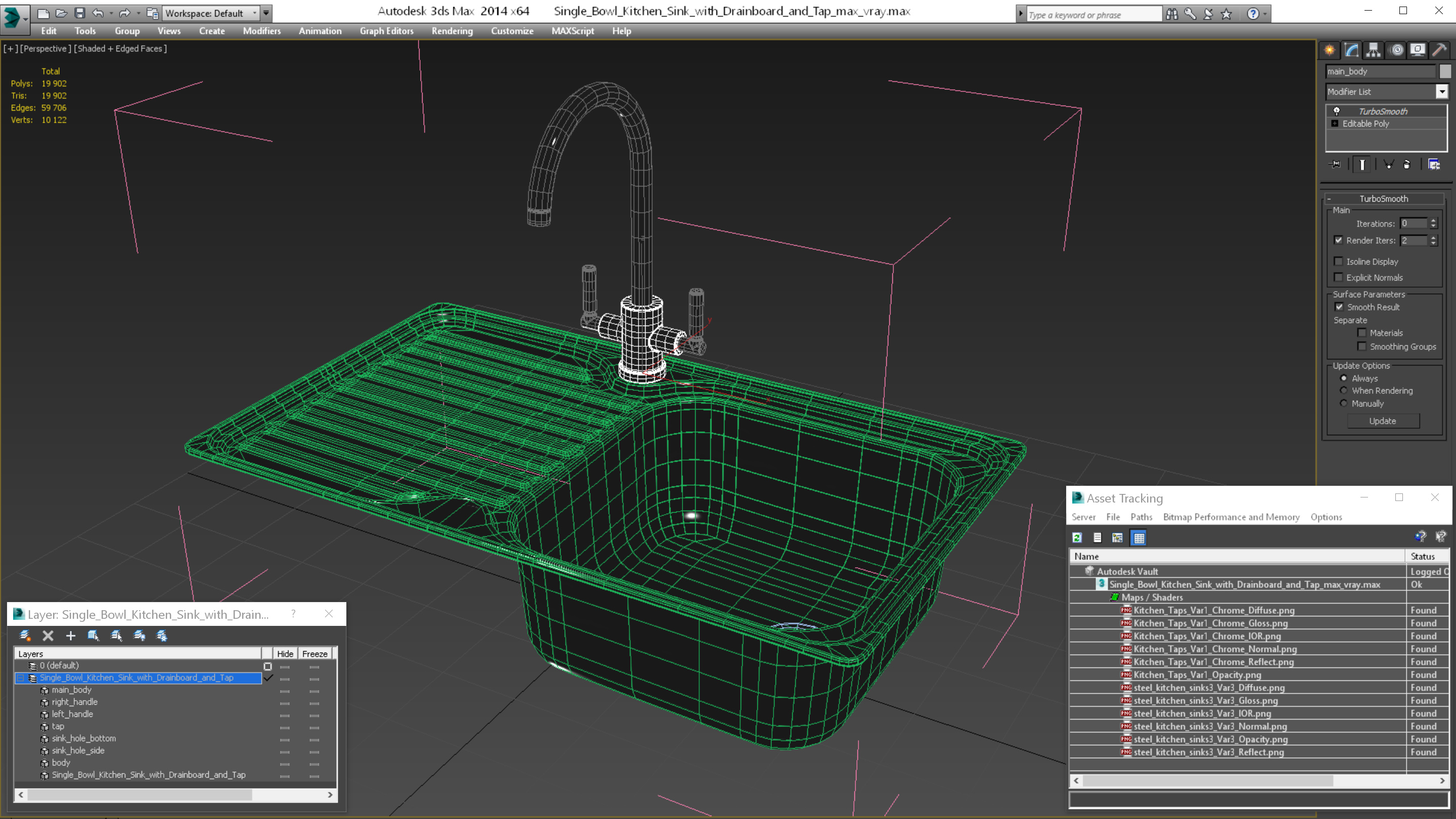 3D Single Bowl Kitchen Sink with Drainboard and Tap model