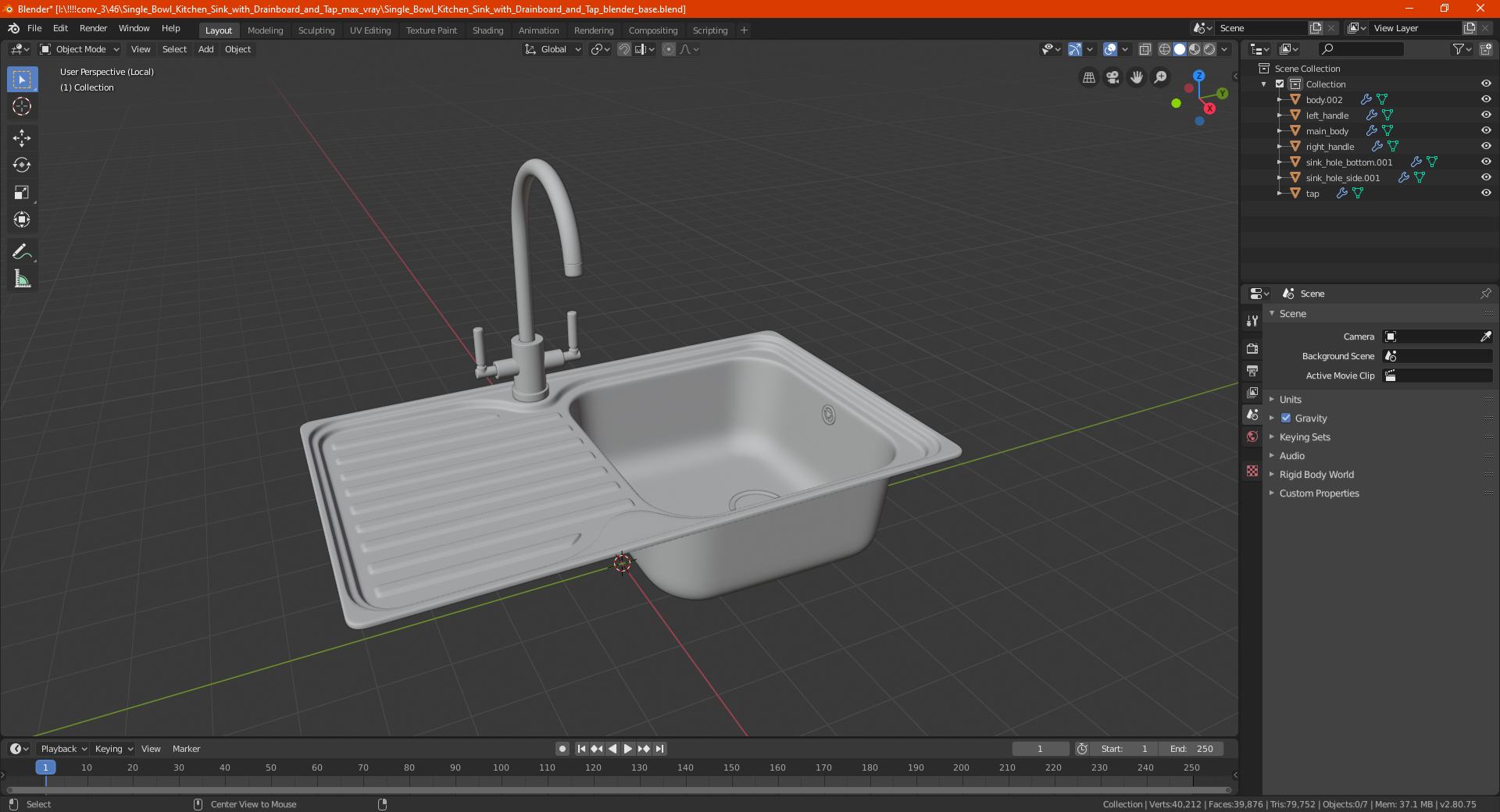 3D Single Bowl Kitchen Sink with Drainboard and Tap model