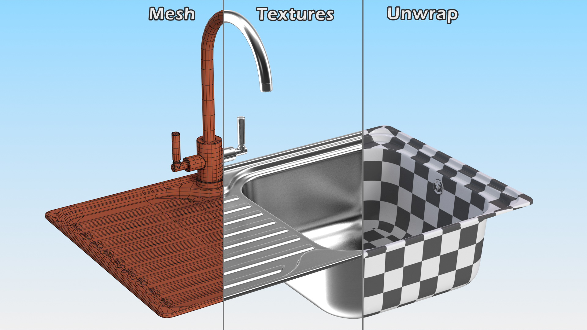 3D Single Bowl Kitchen Sink with Drainboard and Tap model