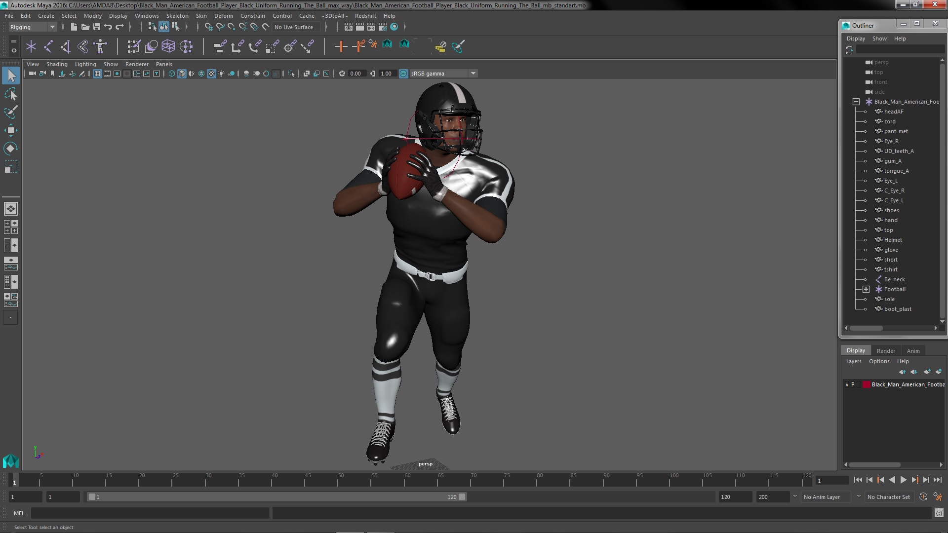 3D model Black Man American Football Player Black Uniform Running The Ball
