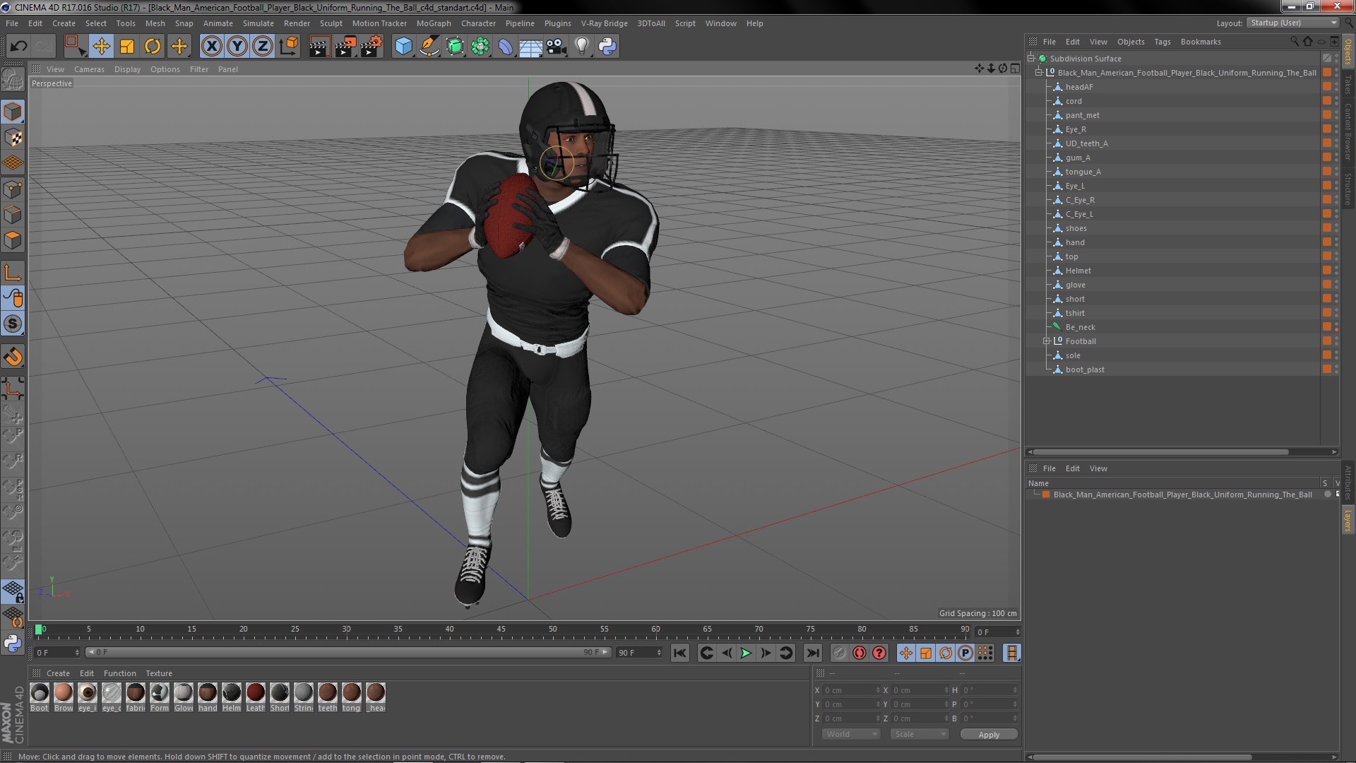 3D model Black Man American Football Player Black Uniform Running The Ball