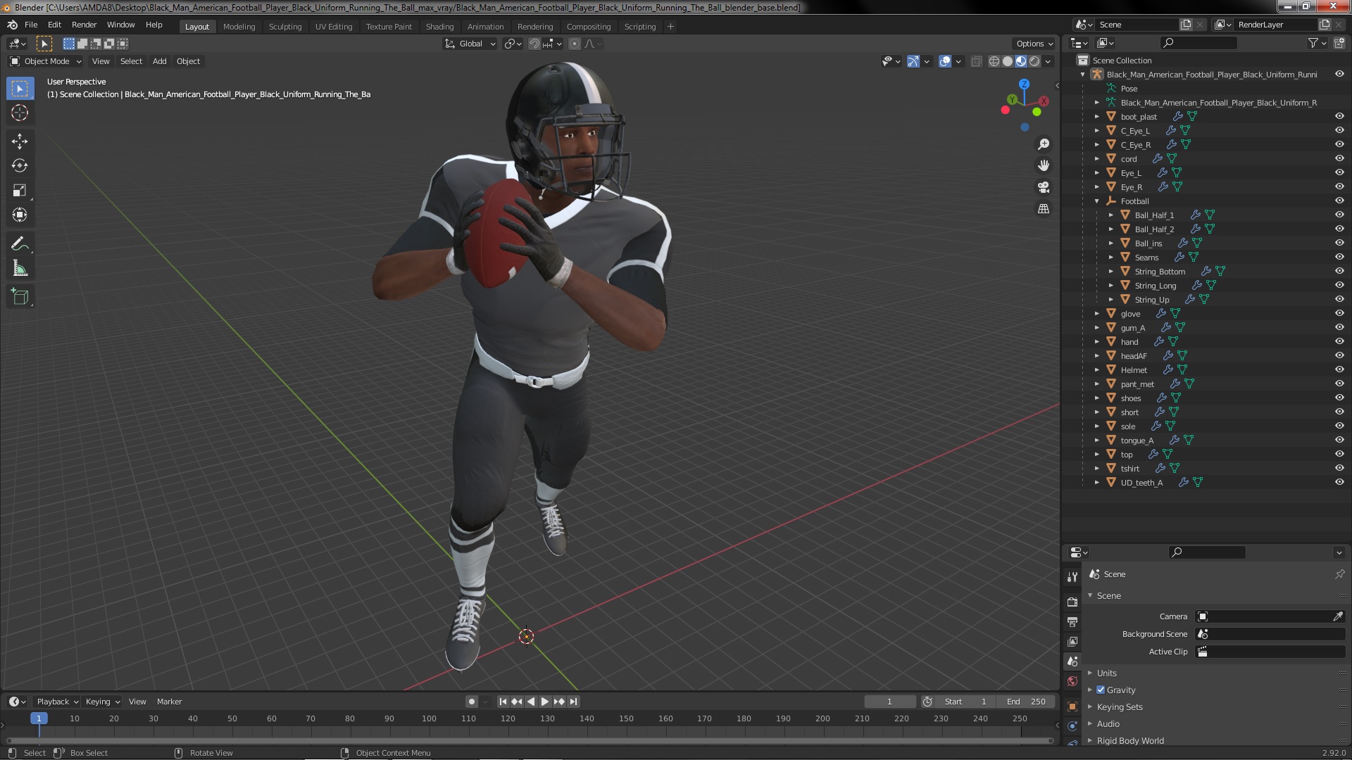 3D model Black Man American Football Player Black Uniform Running The Ball