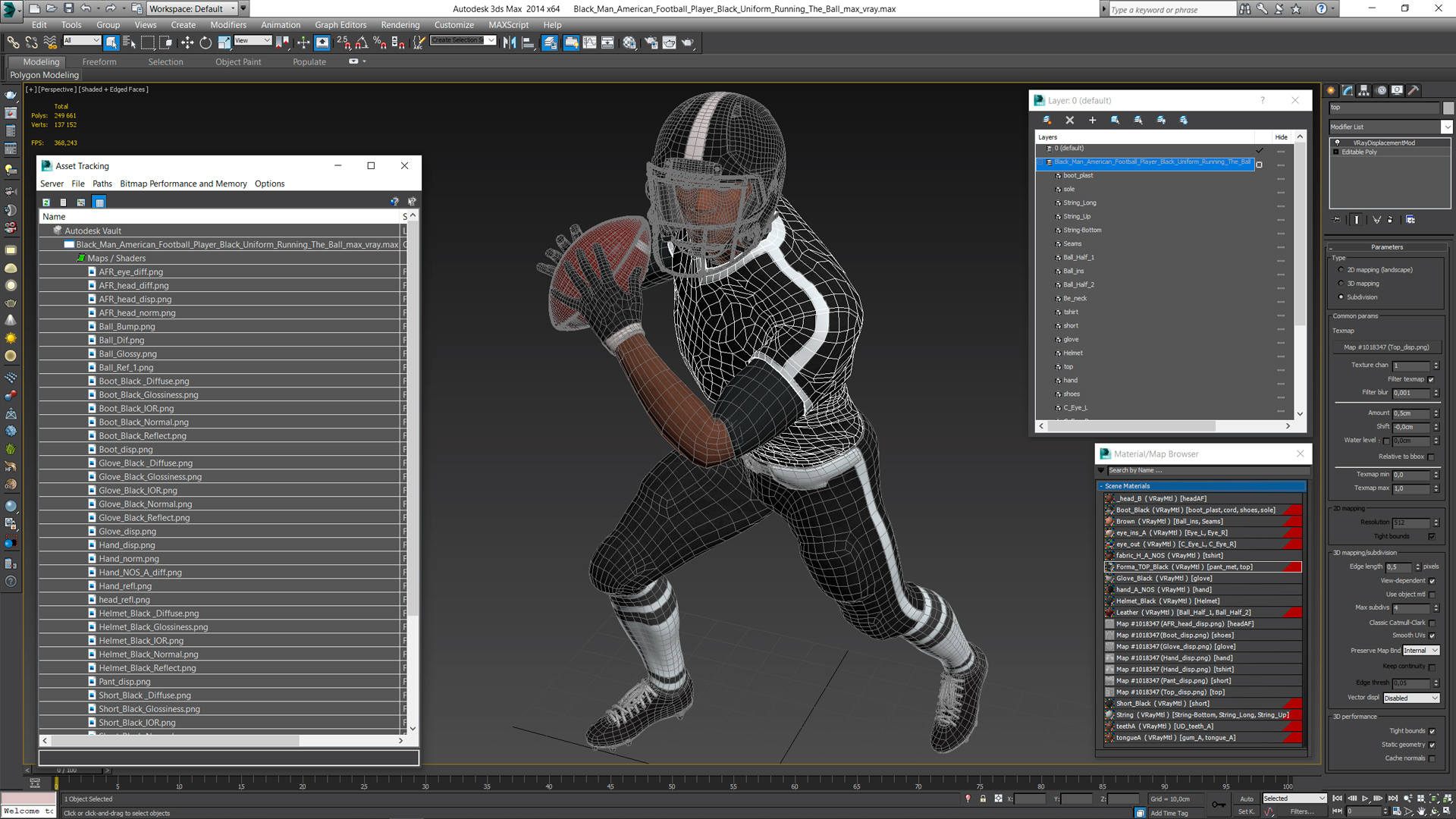 3D model Black Man American Football Player Black Uniform Running The Ball