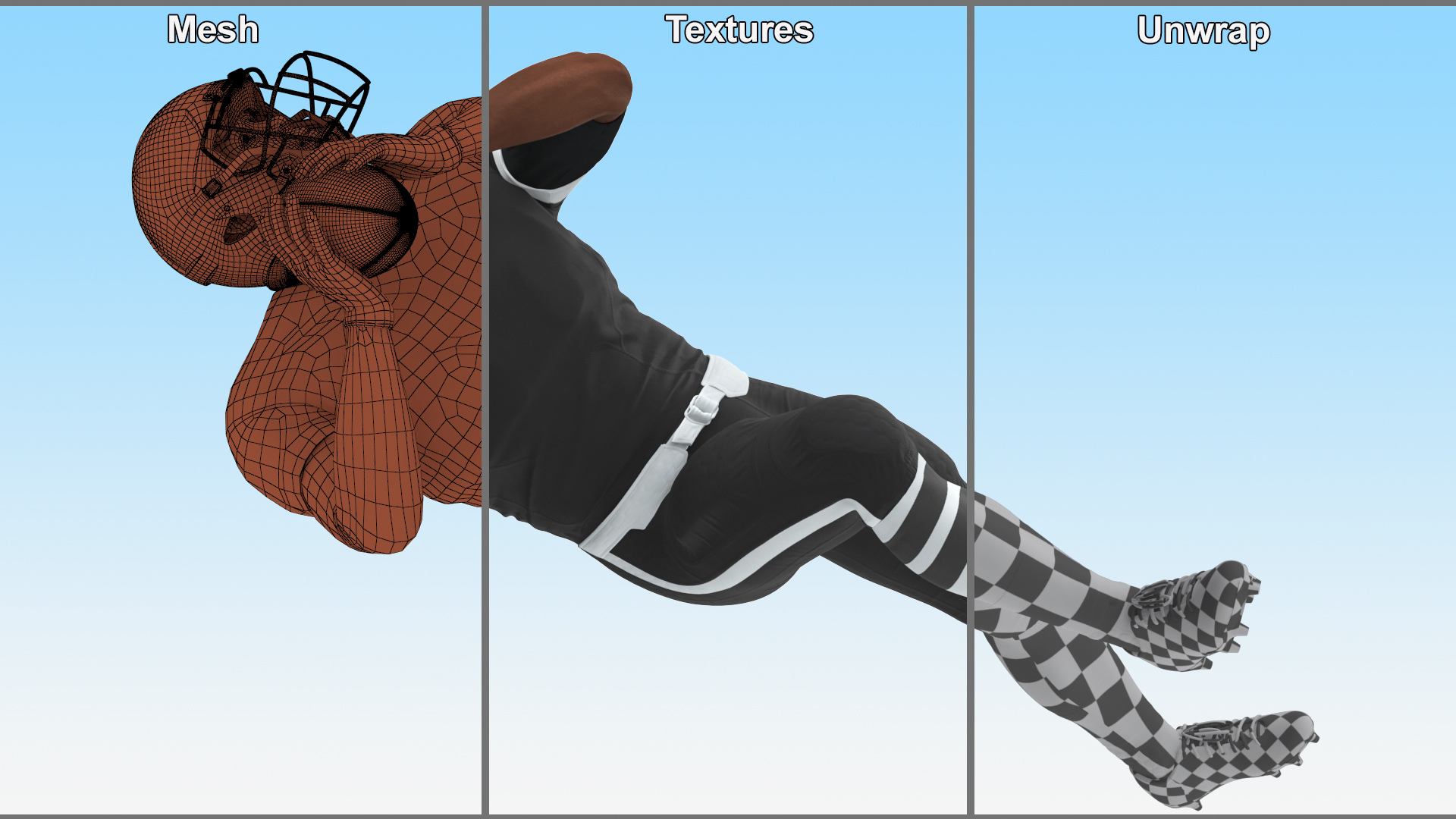 3D model Black Man American Football Player Black Uniform Running The Ball