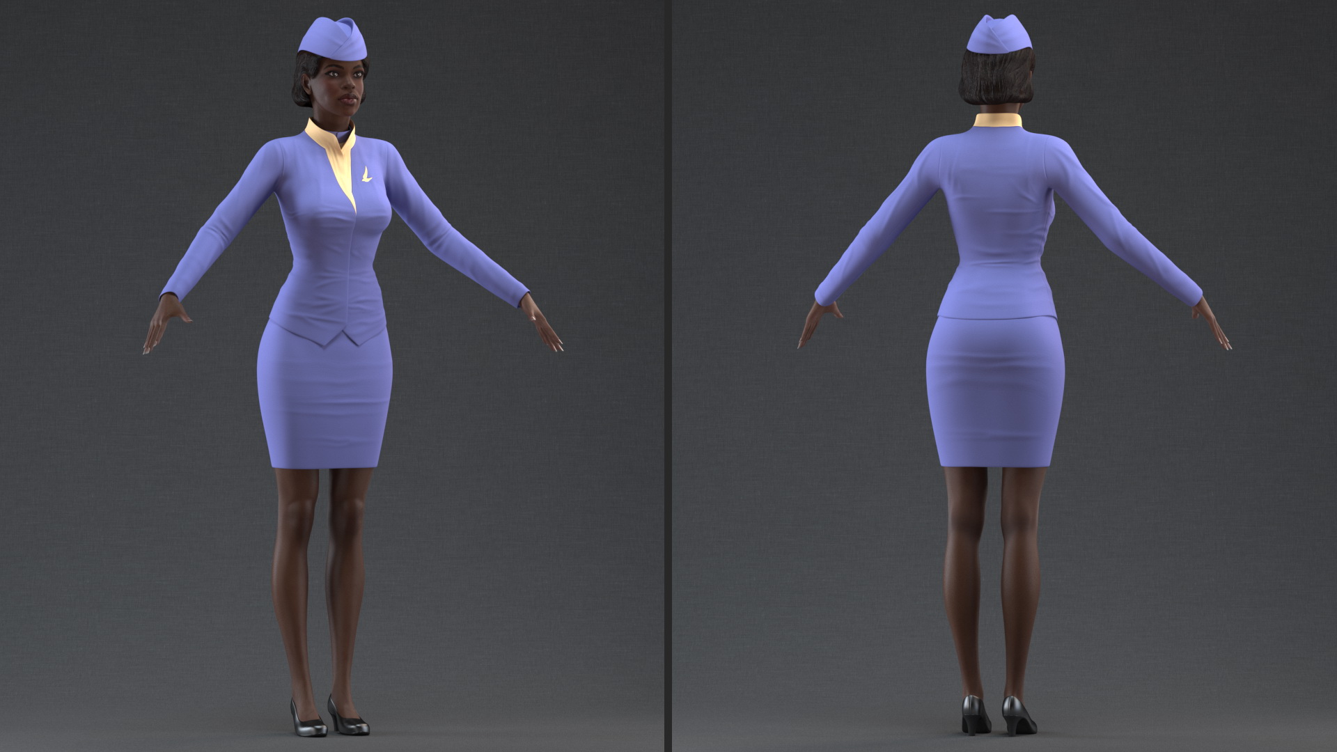 3D Dark Skinned Black Stewardess Rigged