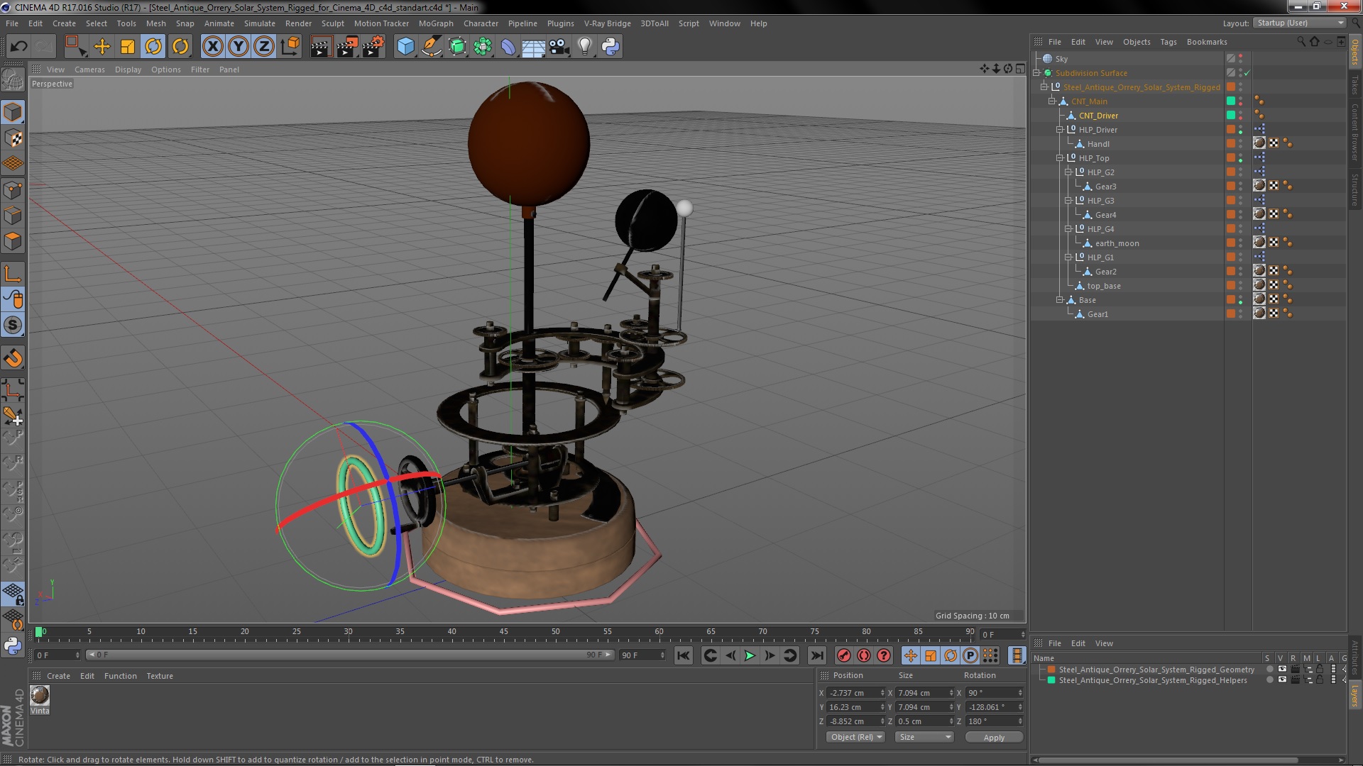 Steel Antique Orrery Solar System Rigged for Cinema 4D 3D model