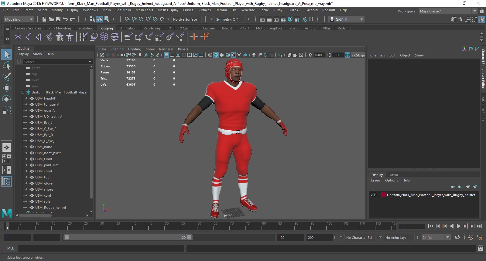 3D Uniform Black Man Football Player with Rugby Helmet Headguard A-Pose model